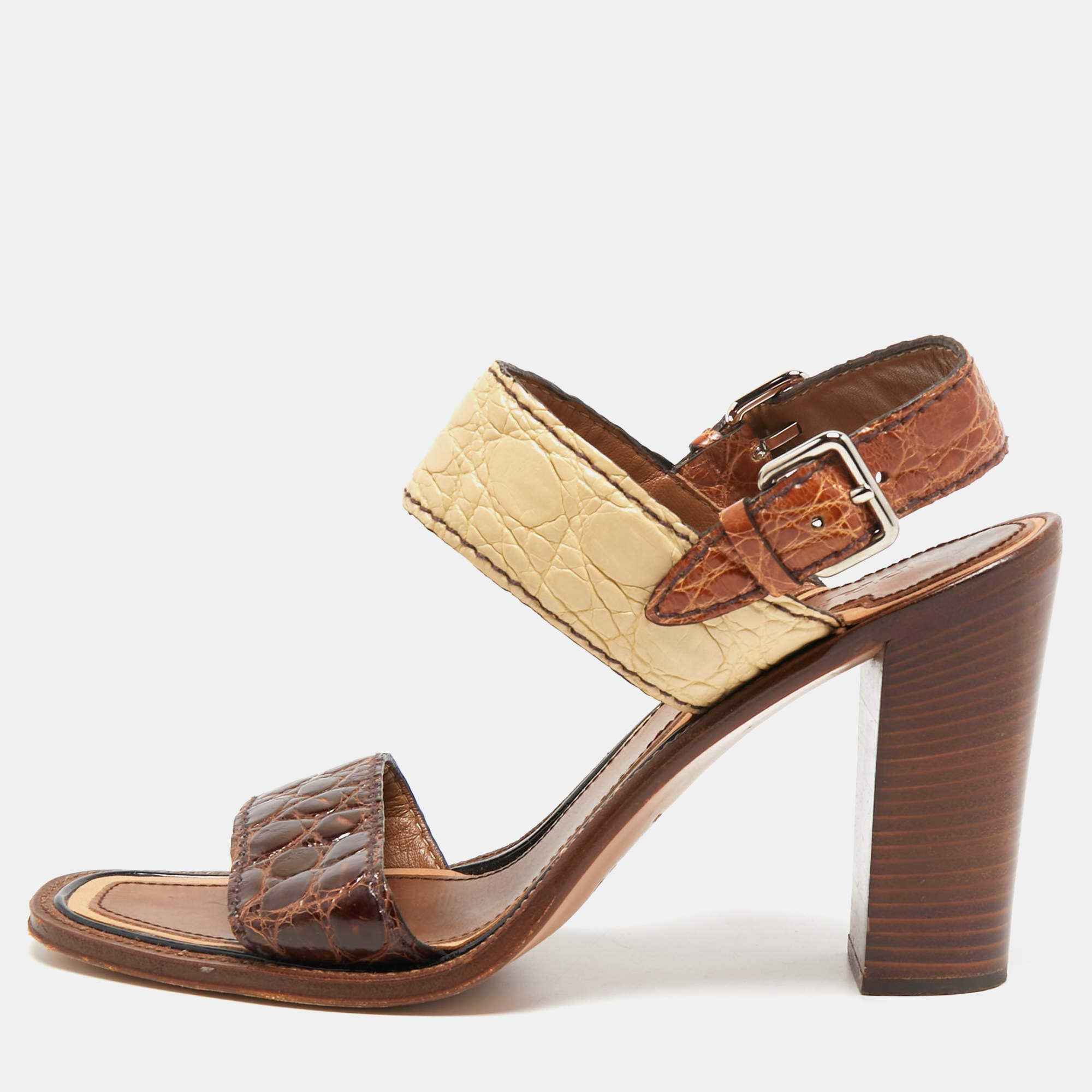 Pre Owned Prada Multicolour Croc Embossed Leather Ankle Strap Sandals Size 38