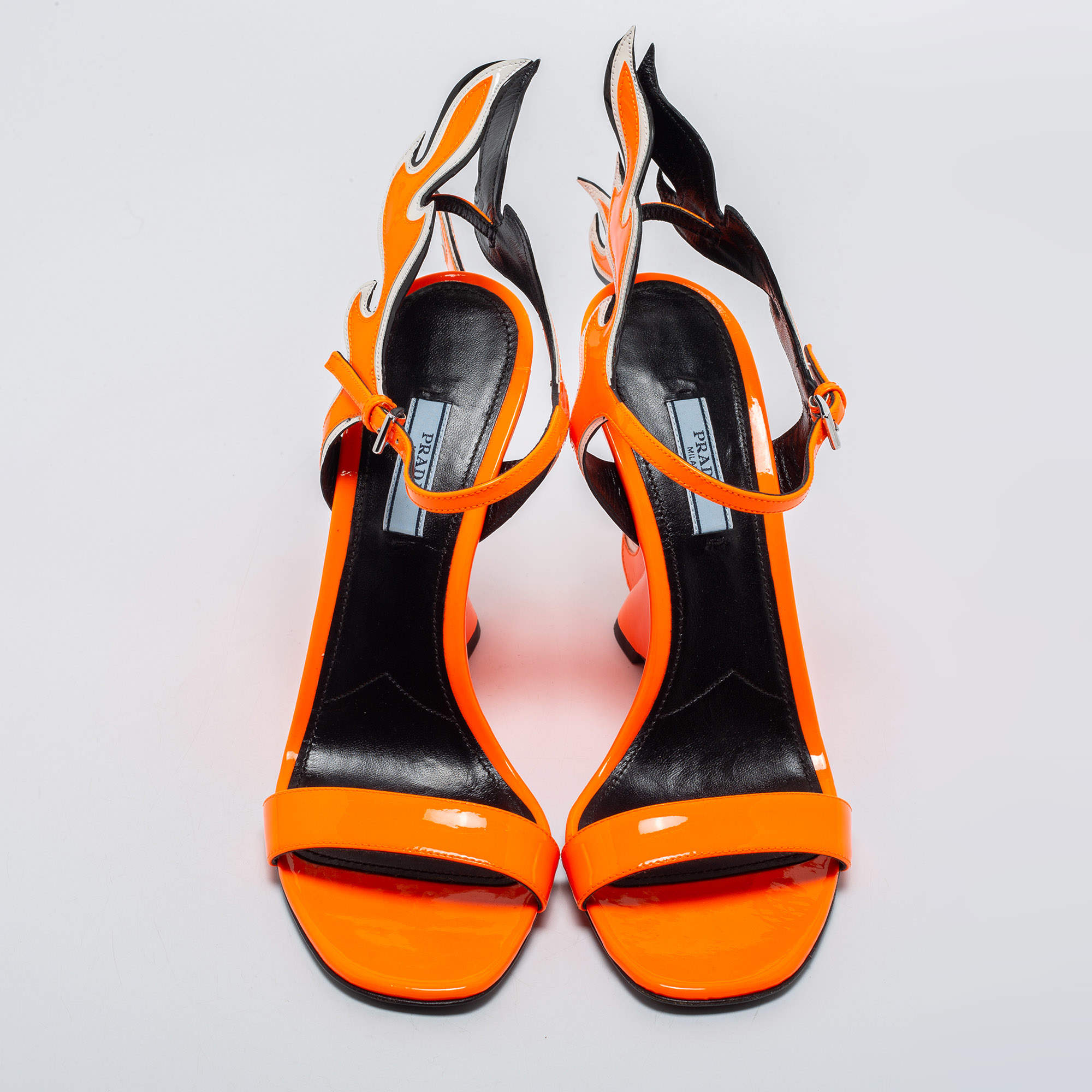 Prada Orange/White Patent Leather Flame Ankle Strap Wedge Sandals Size 40