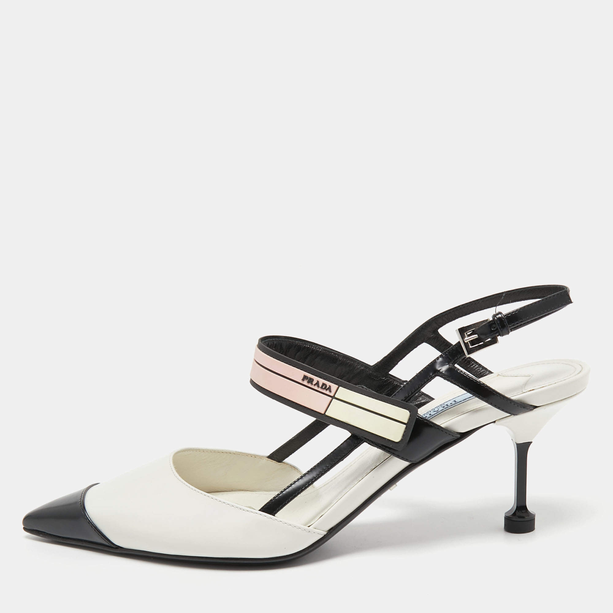 Pre Owned Prada White/Black Leather and Rubber Trim Pointed Toe Slingback Sandals Size 38