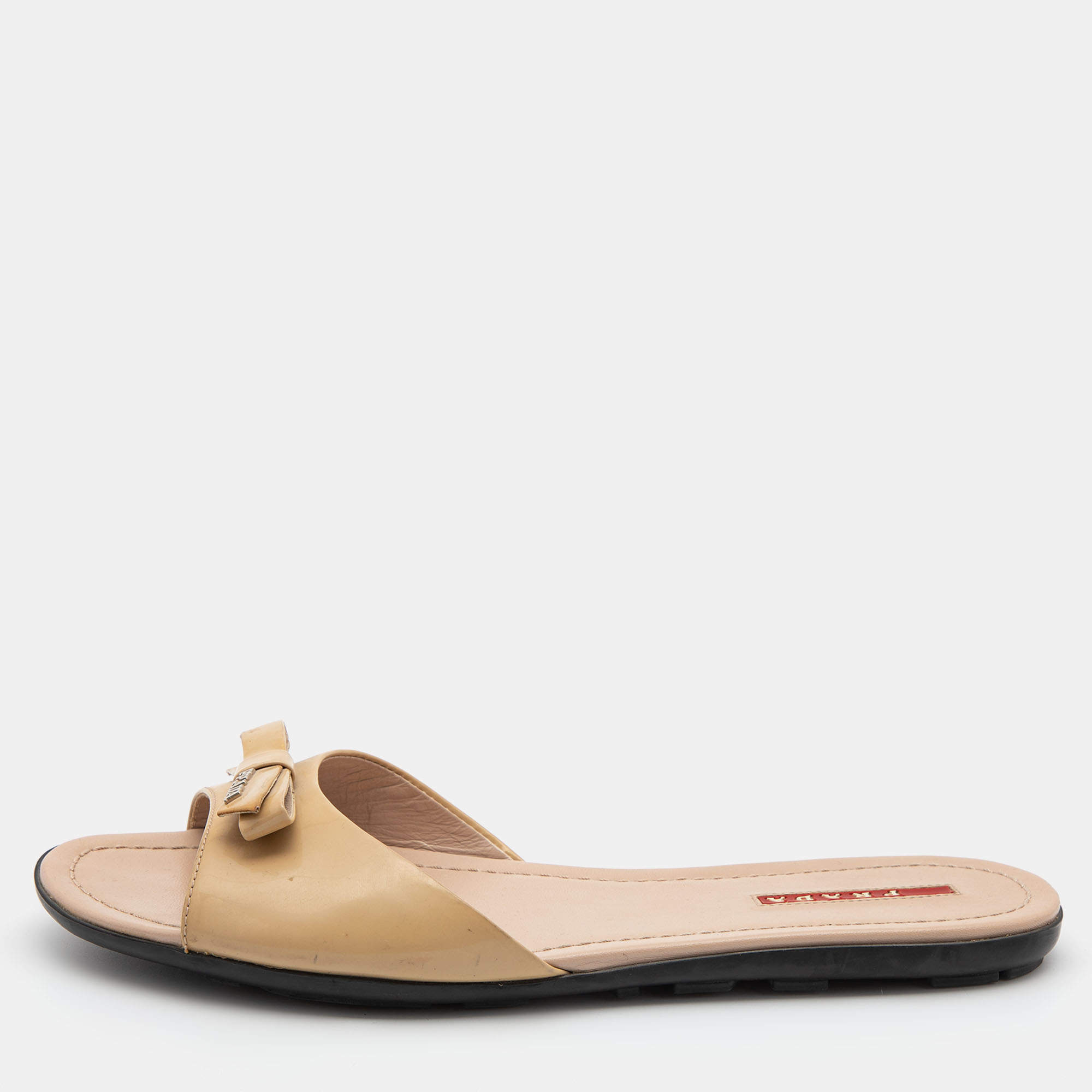 Prada Beige Patent Bow  Flat Sandals Size 39