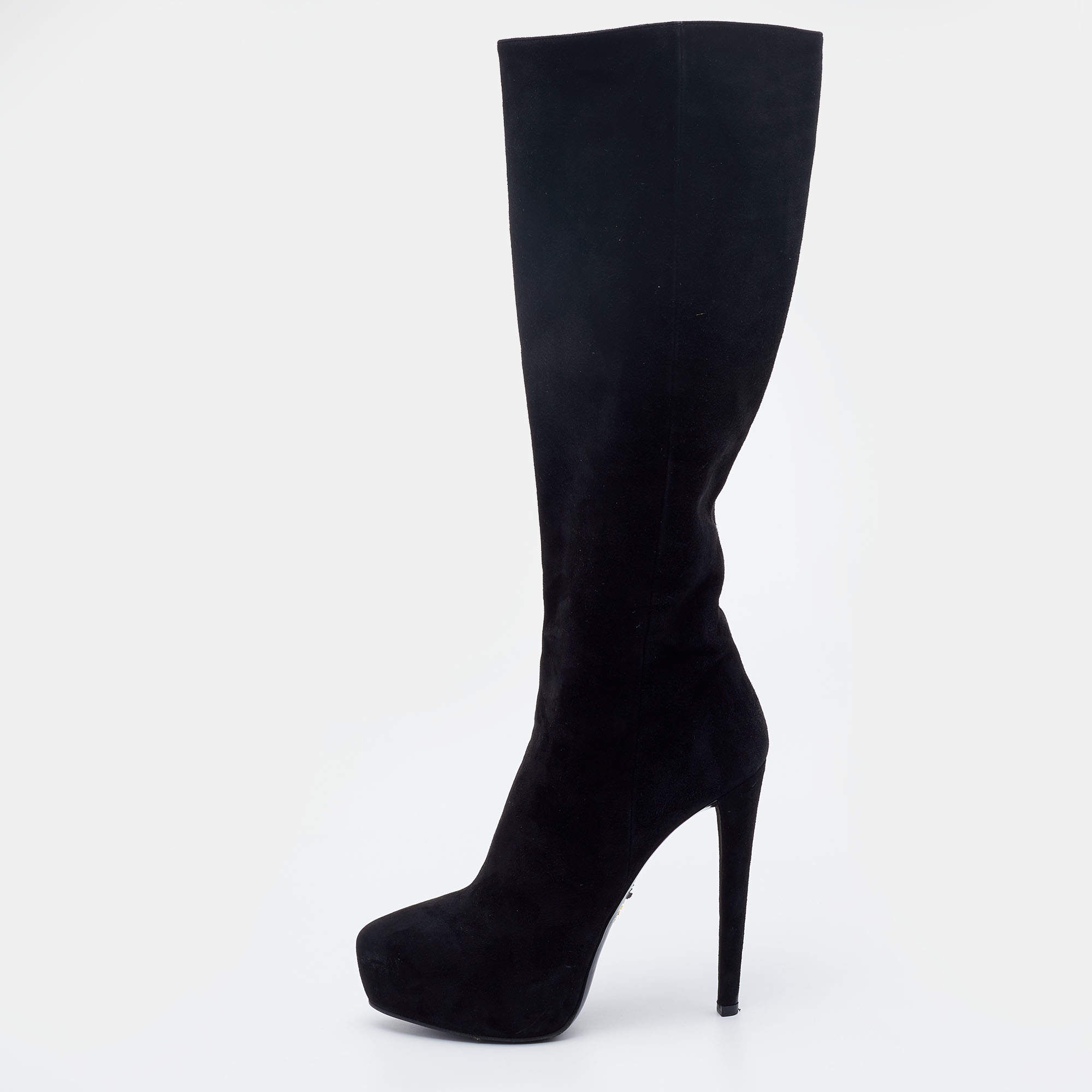 Pre Owned Prada Black Suede Platform Knee Length Boots Size 38