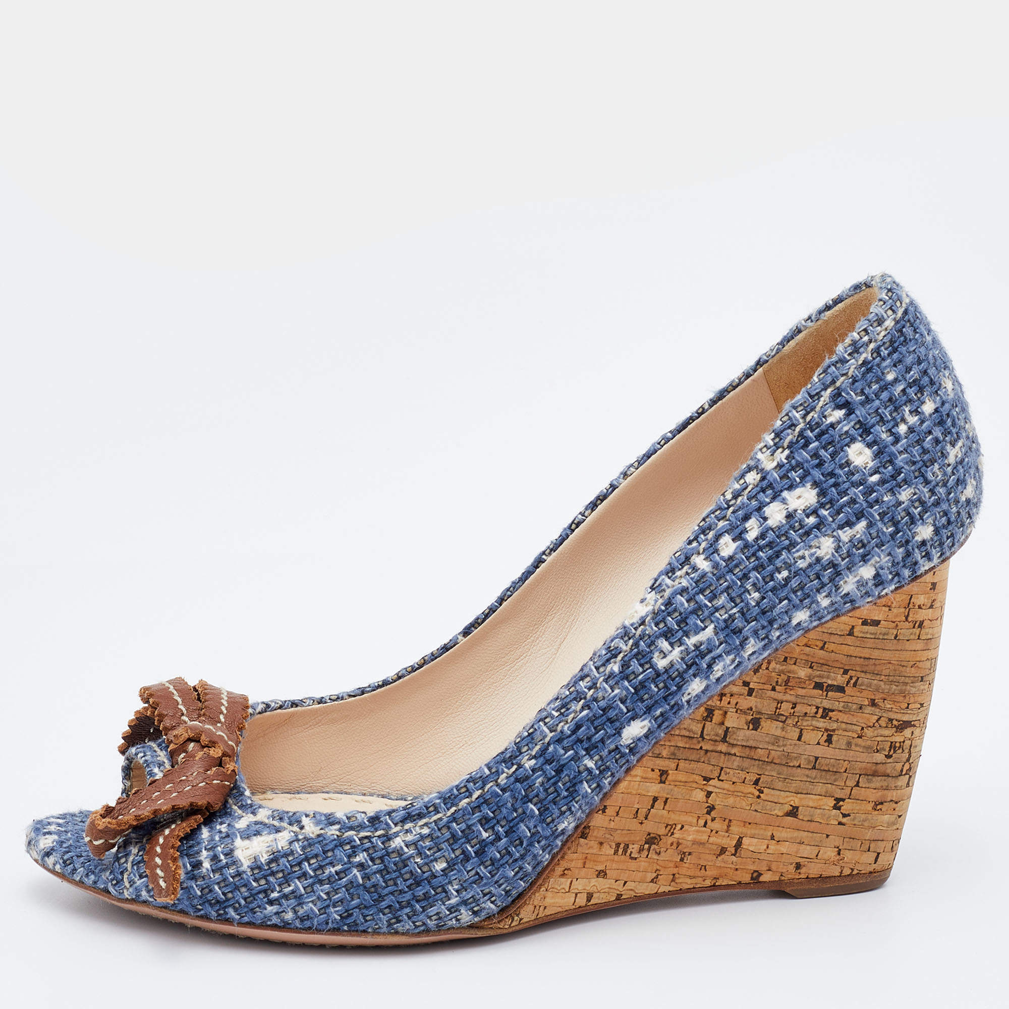 Pre Owned Prada Blue Tweed Bow Wedge Peep Toe Pumps Size 37.5
