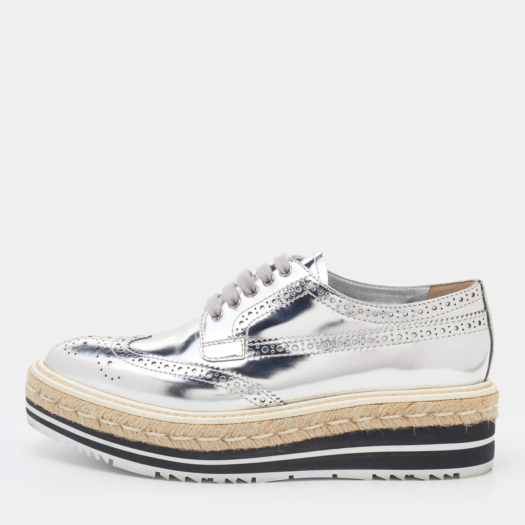 Prada Silver Brogue Leather Derby Espadrille Sneakers Size  Prada | TLC