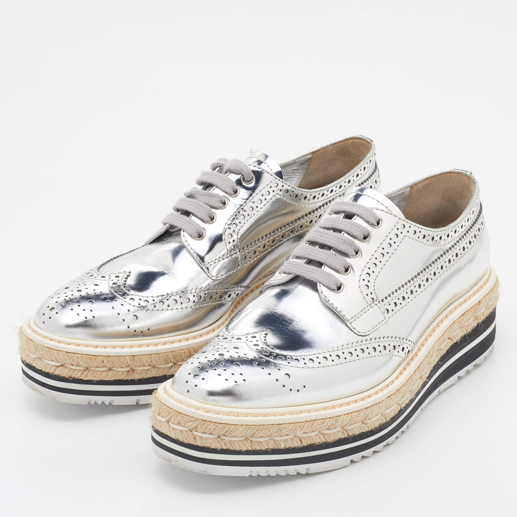 Prada Silver Brogue Leather Derby Espadrille Sneakers Size  Prada | TLC