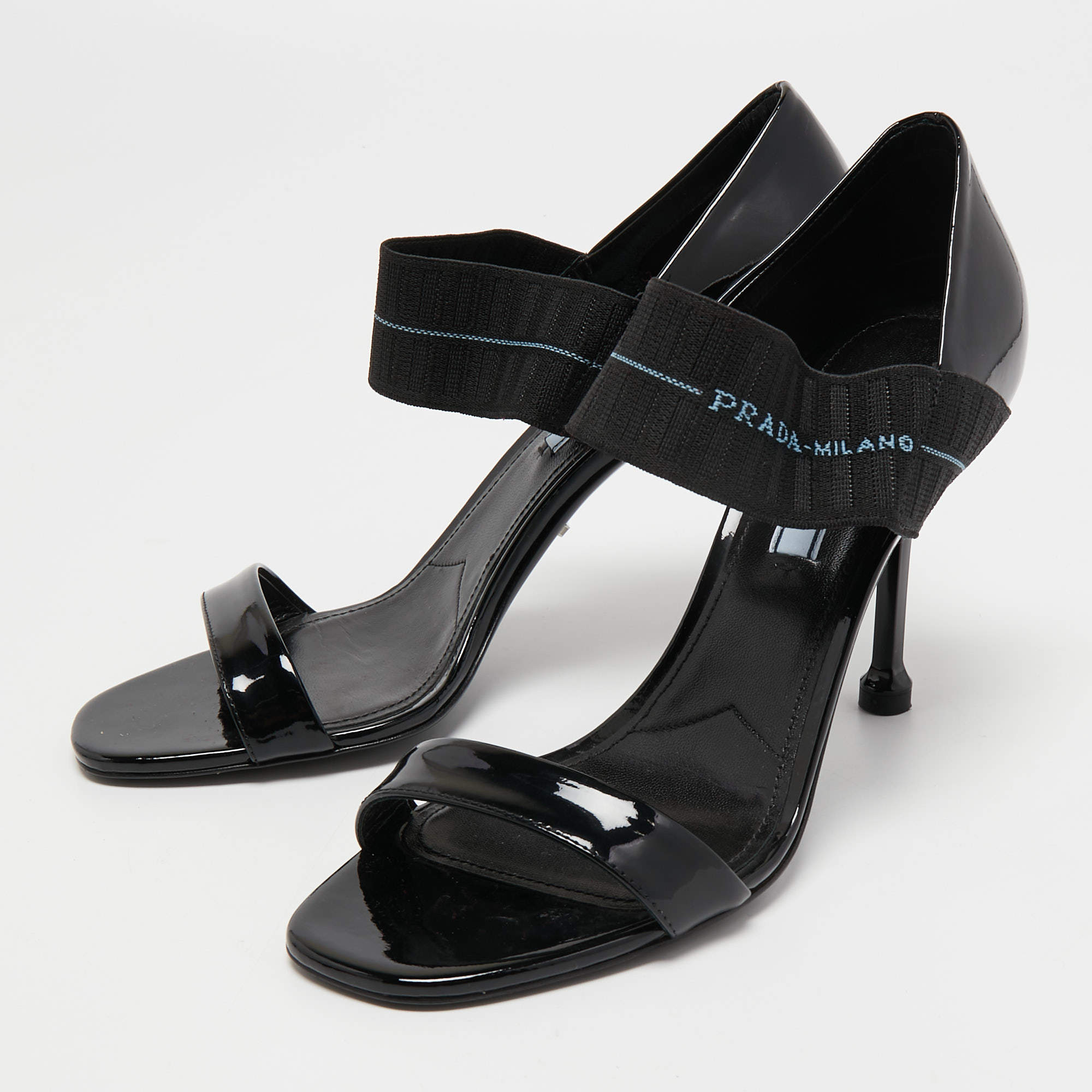 Prada Black Patent Leather and Logo Elastic Ankle Strap Sandals 