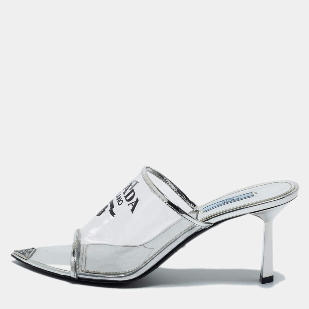 Prada Silver PVC and Patent Leather Logo Sandals Size 40