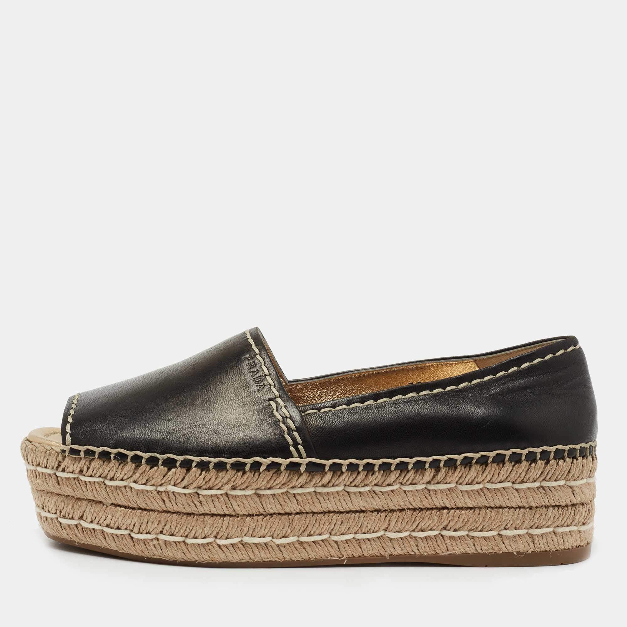 Pre Owned Prada Black Leather Peep Toe Platform Espadrille Flats Size 38