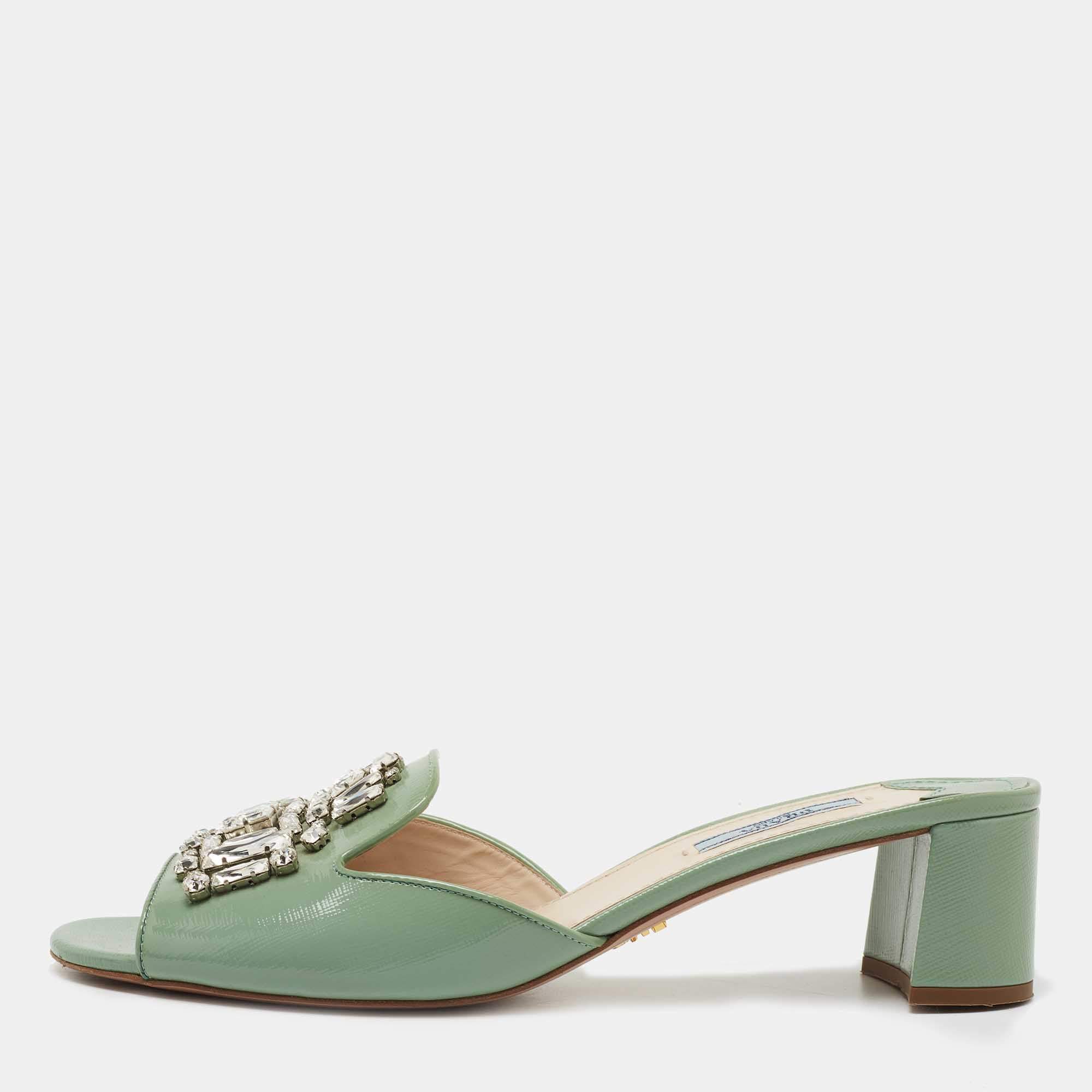 Prada Mint Green Saffiano Vernice Leather Crystal Embellished Slide Sandals Size 41