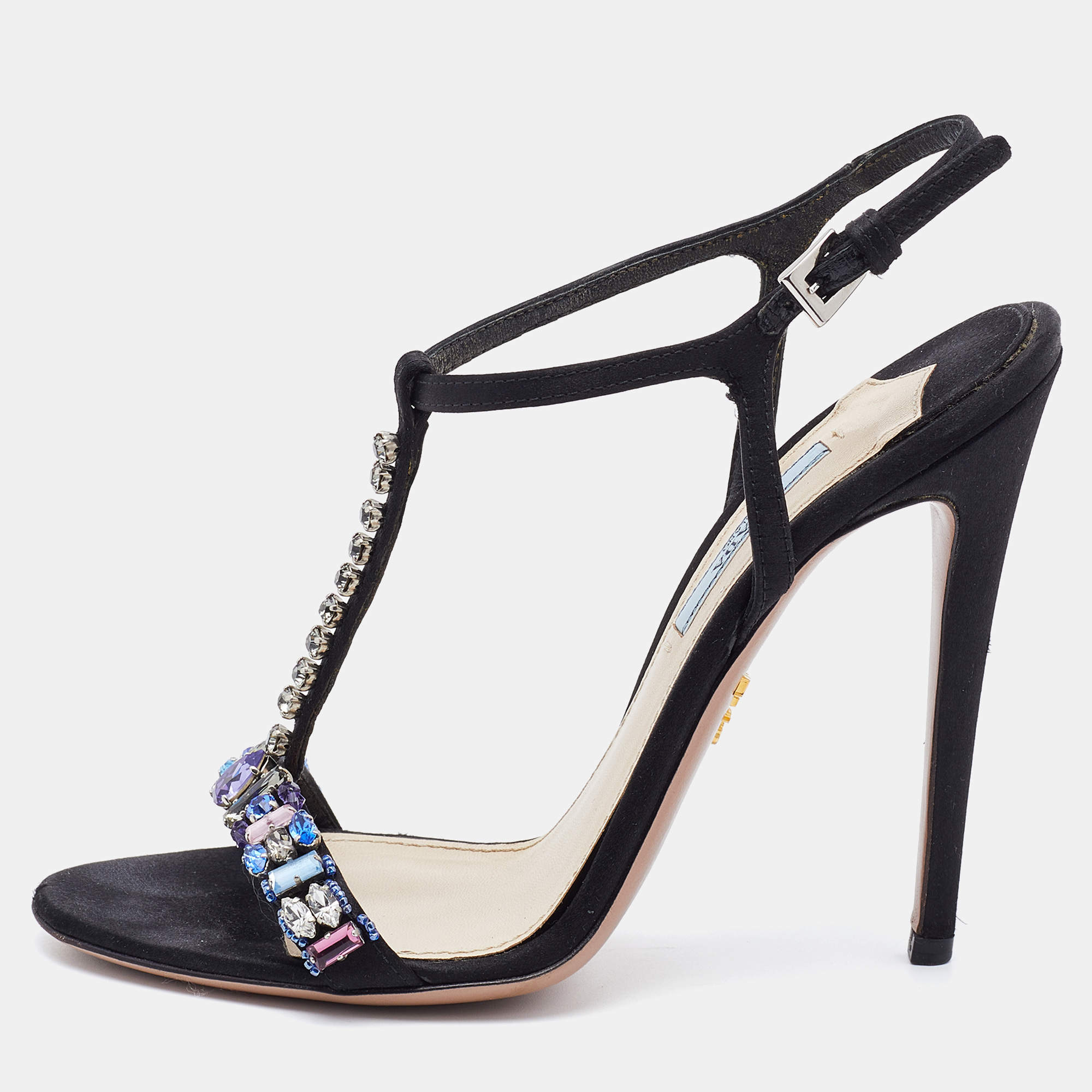 مملوكة مسبقًا Prada Black Satin Crystal Embellished Ankle Strap Sandals Size 38