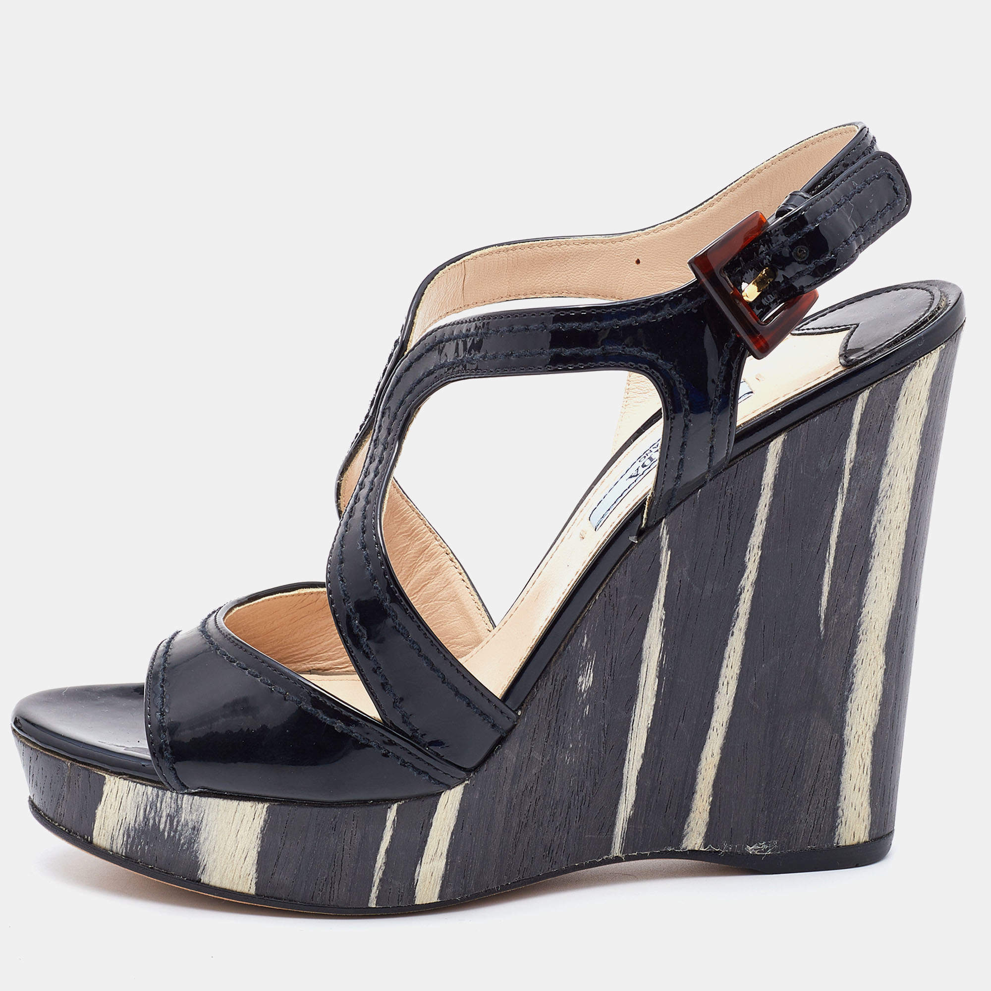 Prada Black Patent Leather Wooden Wedge Ankle Strap Sandals Size 37