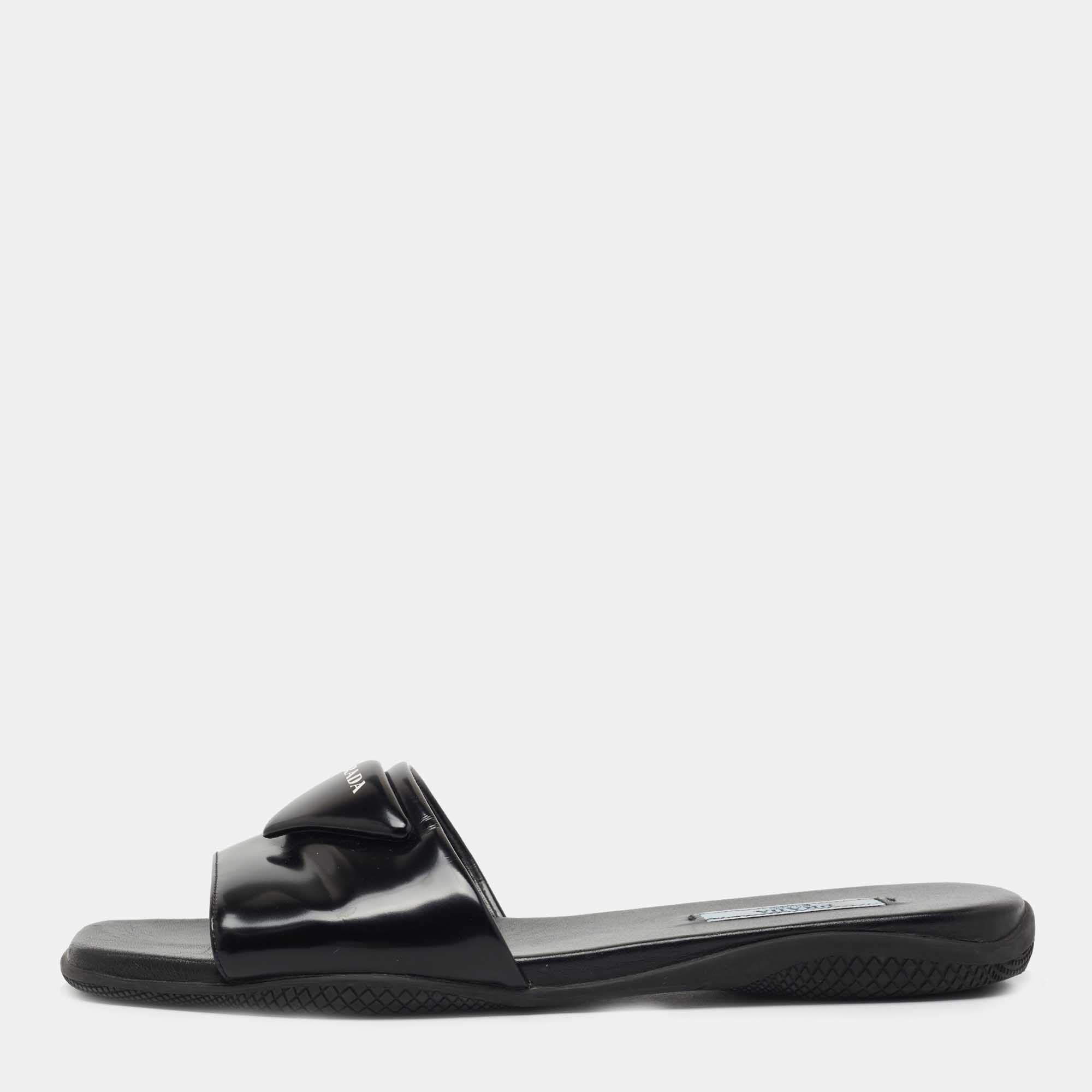 Pre Owned Prada Black Leather Logo Triangle Flat Slides Size 36.5 