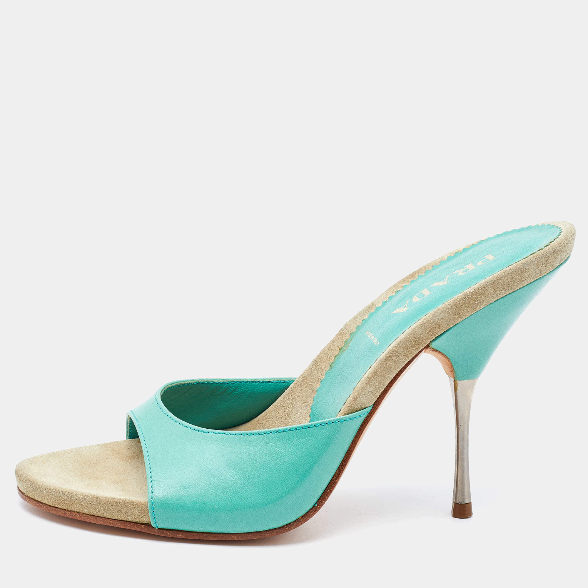Prada Light Green Leather Slide Sandals Size 37