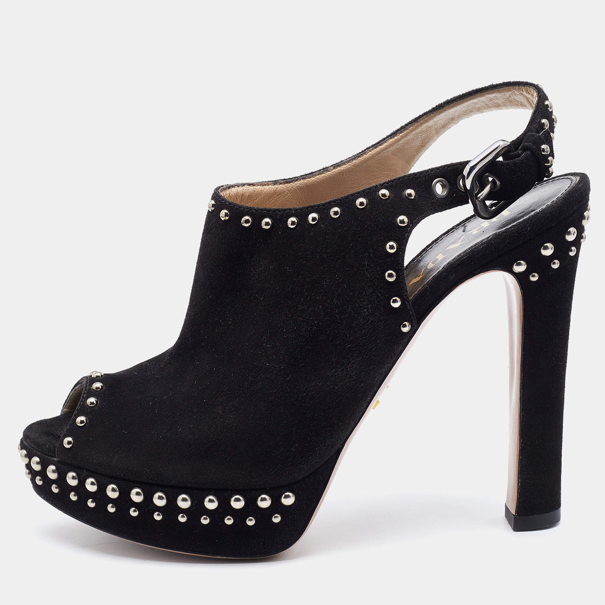 Prada Black Suede Studded Slingback Platform Sandals Size 36.5