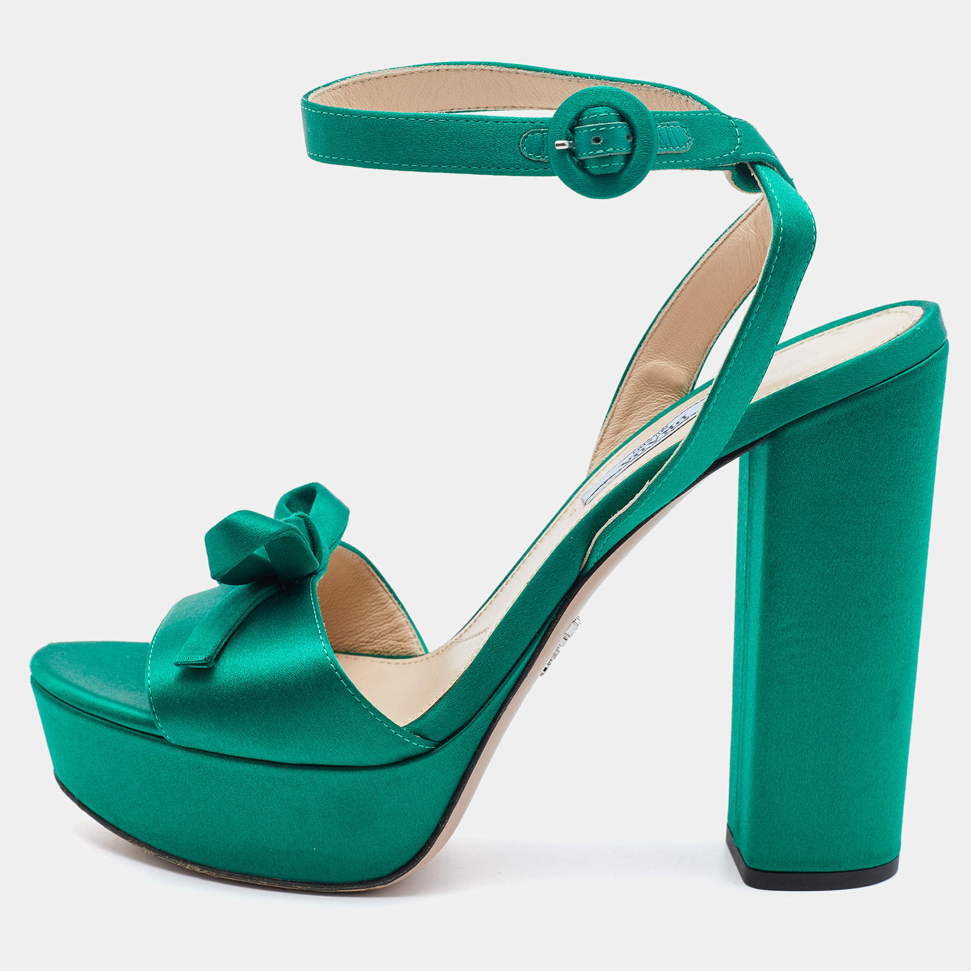 Prada Green Satin Bow Platform Block Heel Ankle Strap Sandals Size 38 Prada  | TLC