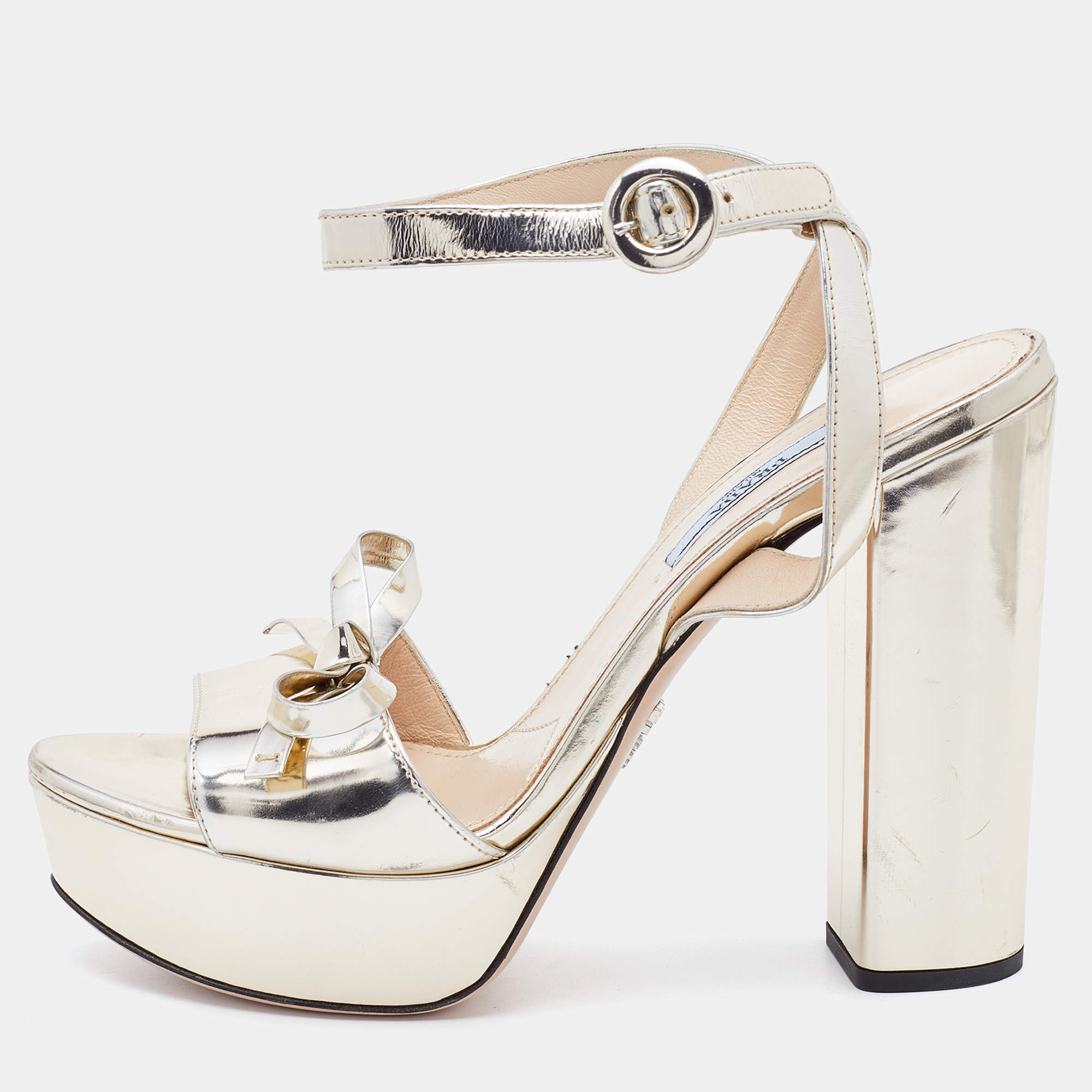 Prada Metallic Leather Bow Platform Block Heel Ankle Strap Sandals Size 38