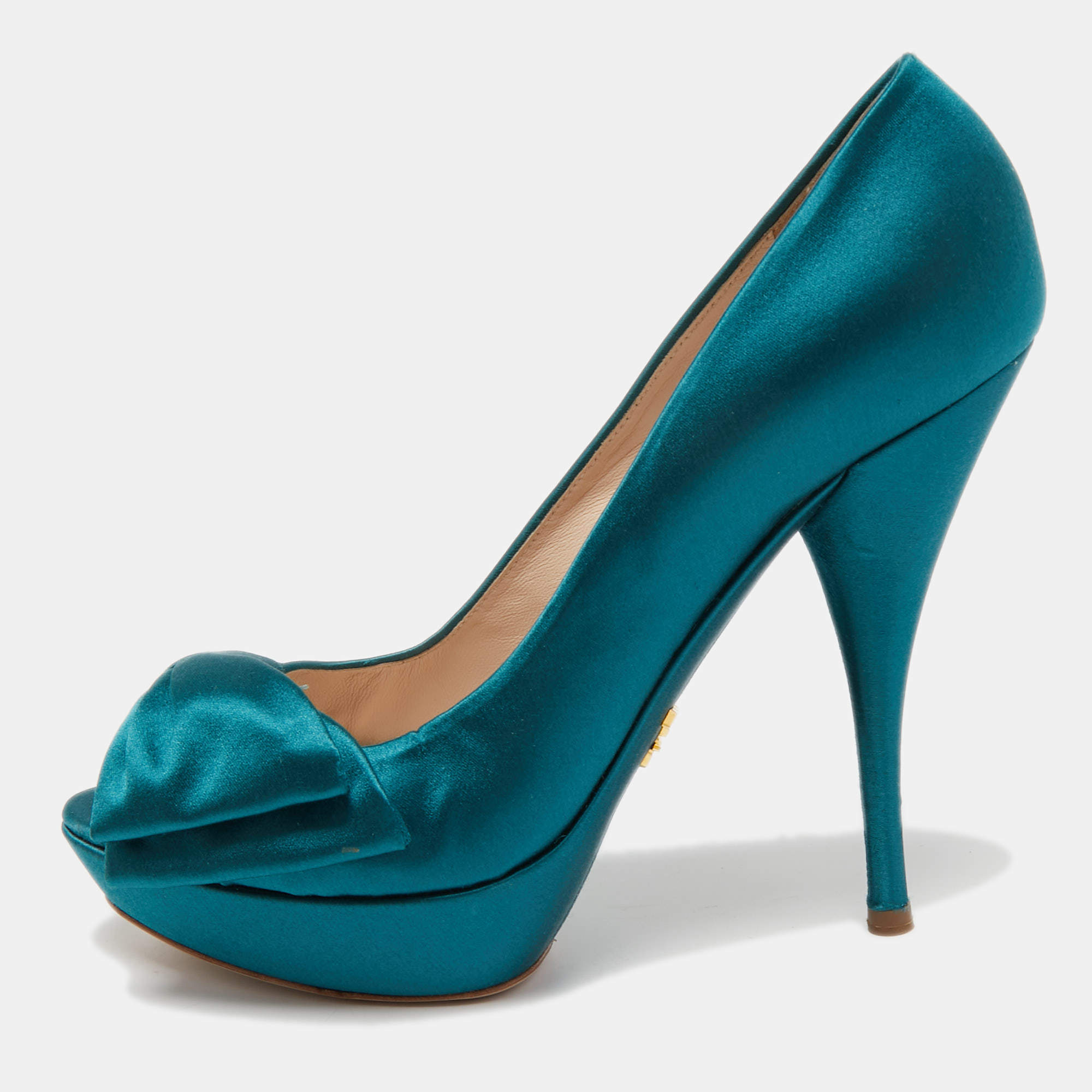 Pre Owned Prada Turquoise Blue Satin Bow Detail Peep Toe Platform Pumps Size 39.5