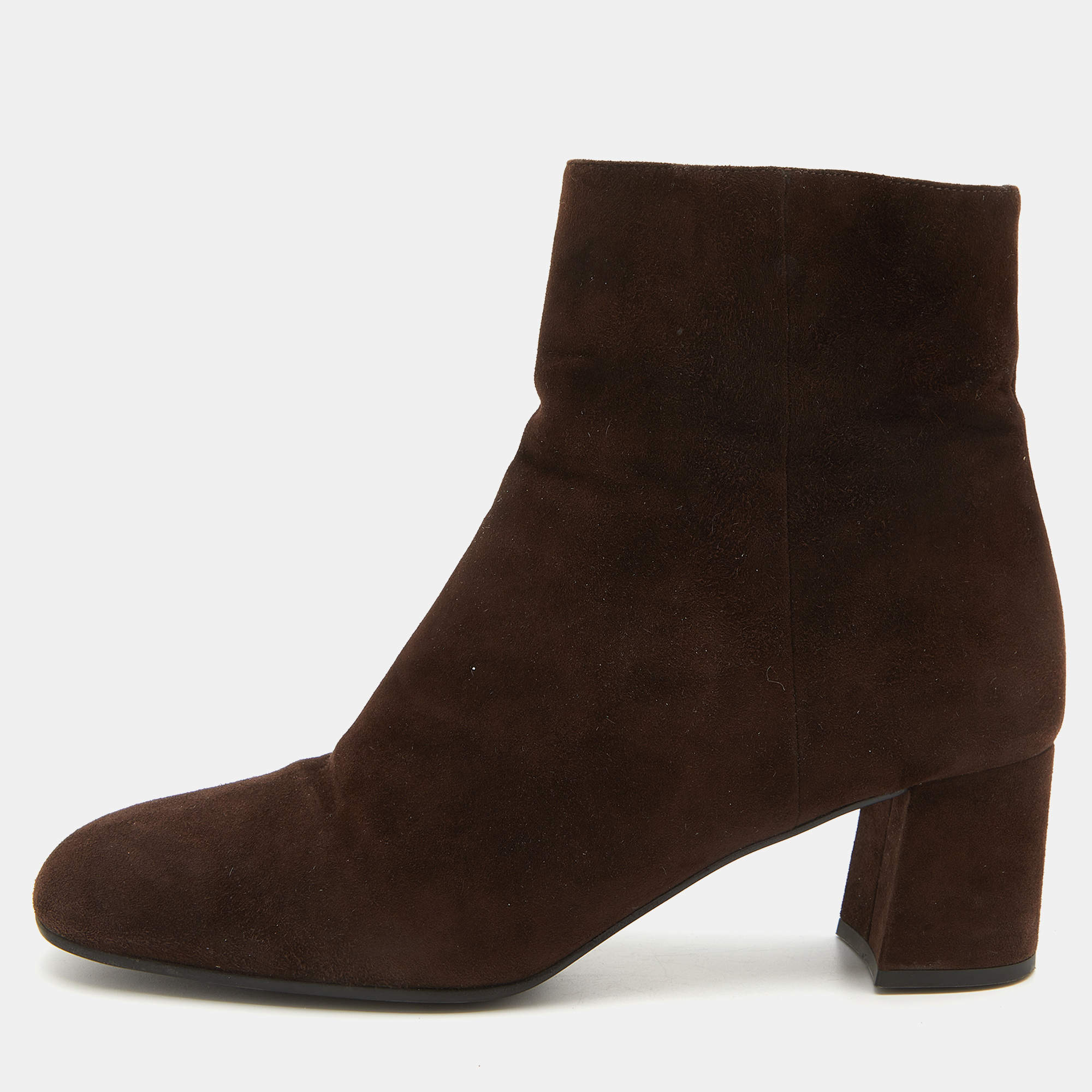Prada Dark Brown Suede Block Heel Ankle Length Boots Size 38.5