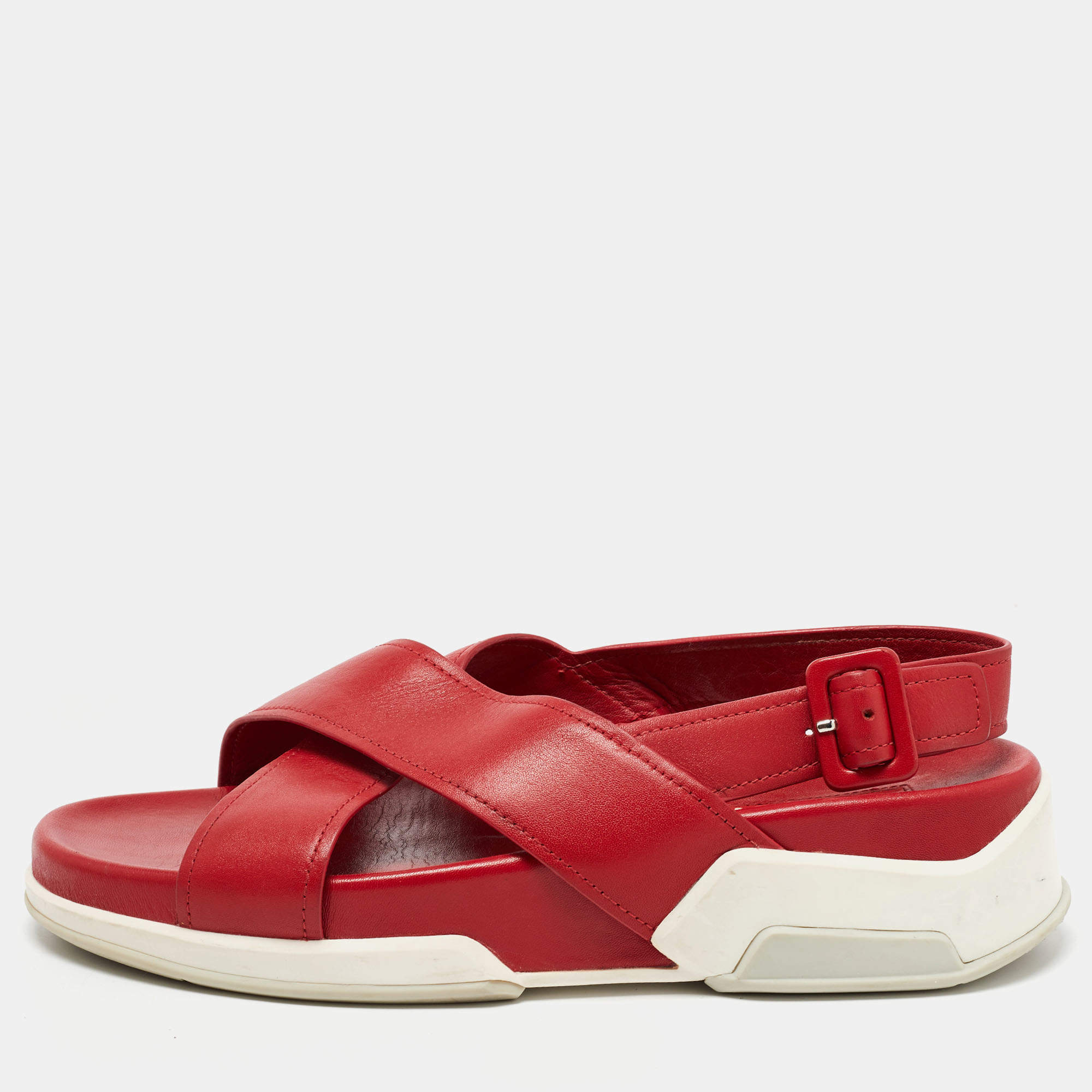 Pre Owned Prada Red Leather Crisscross  Sandals Size 40