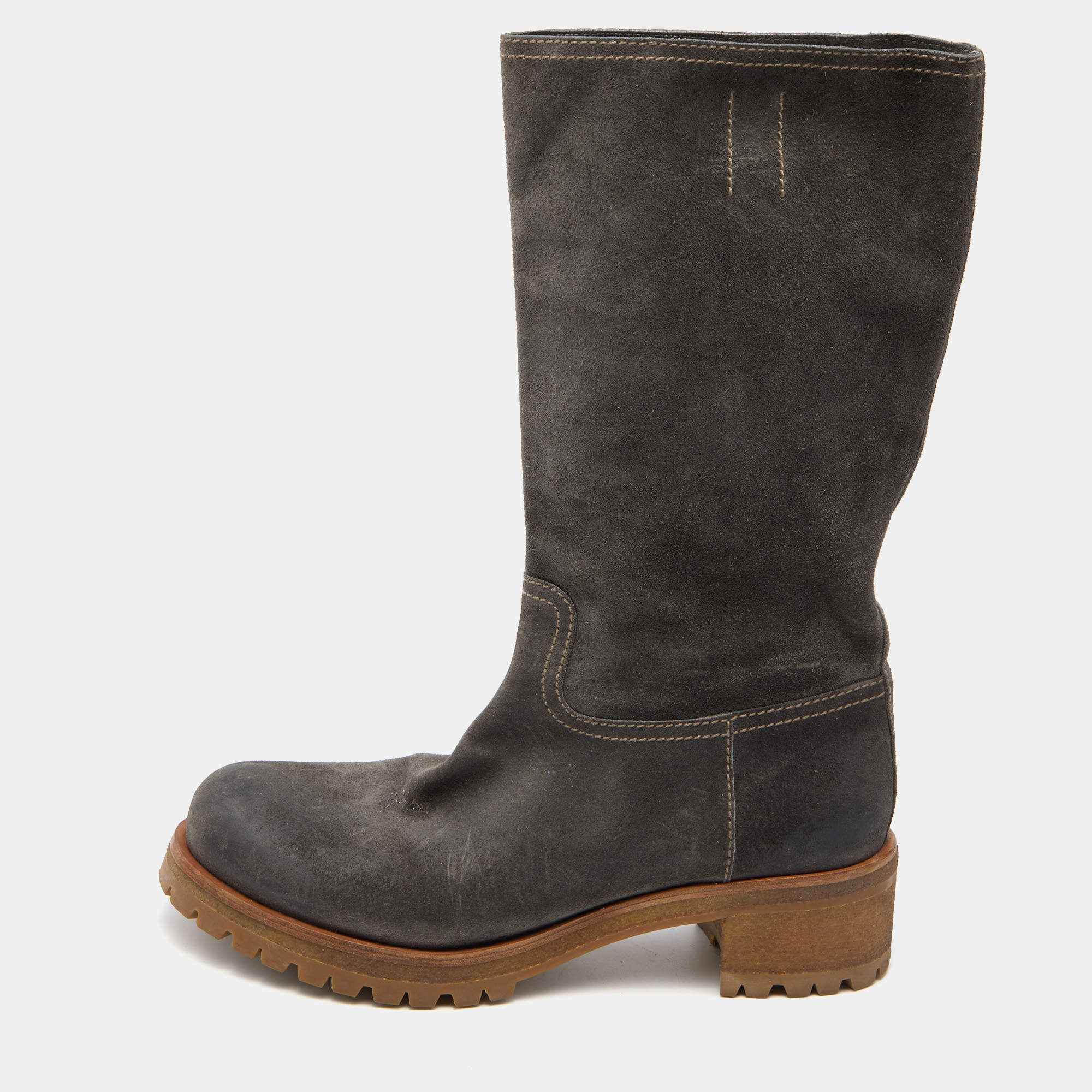 Pre Owned Prada Grey Suede Mid Calf Length Boots Size 39