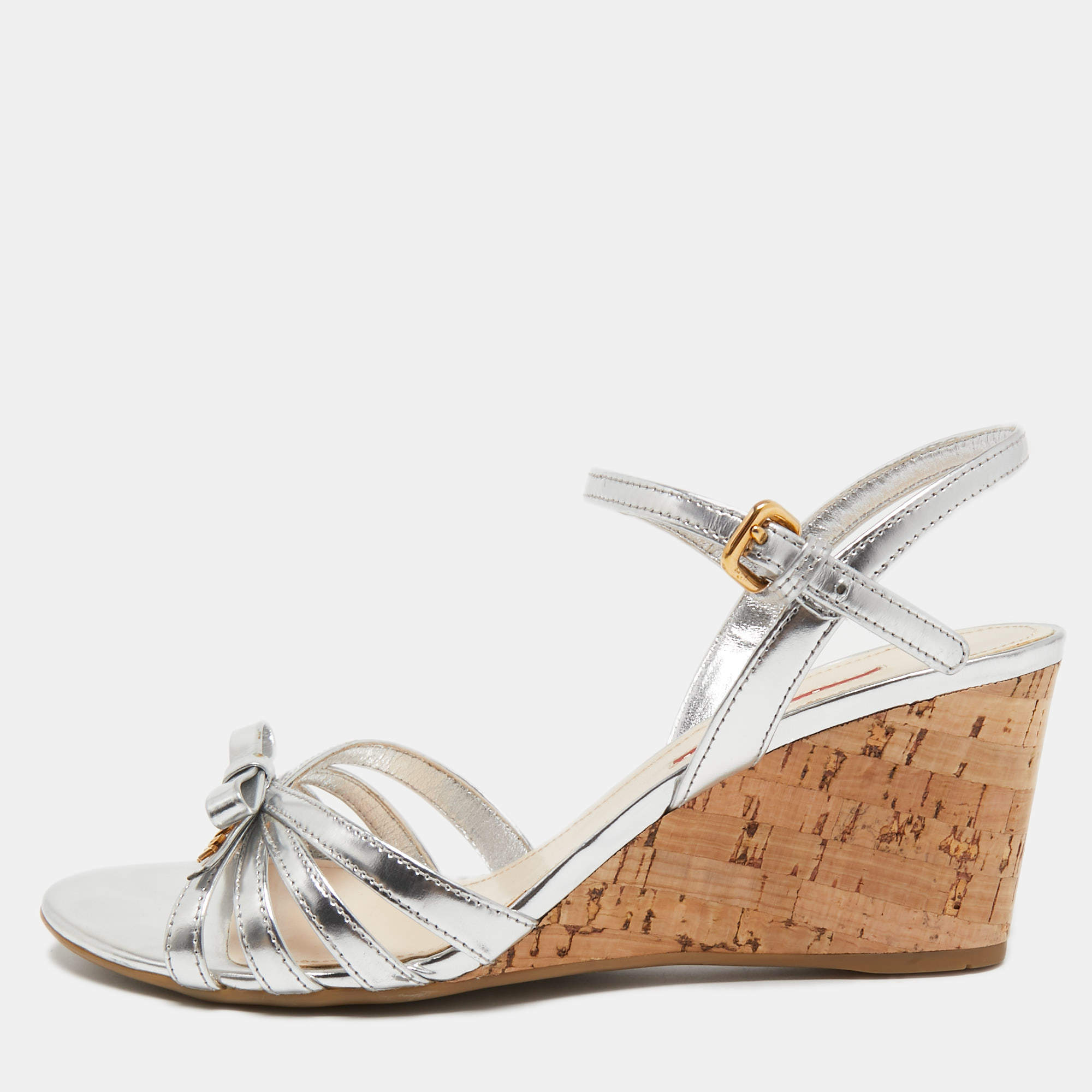 Prada Silver Leather Bow Detail Ankle Strap Sandals Size 39