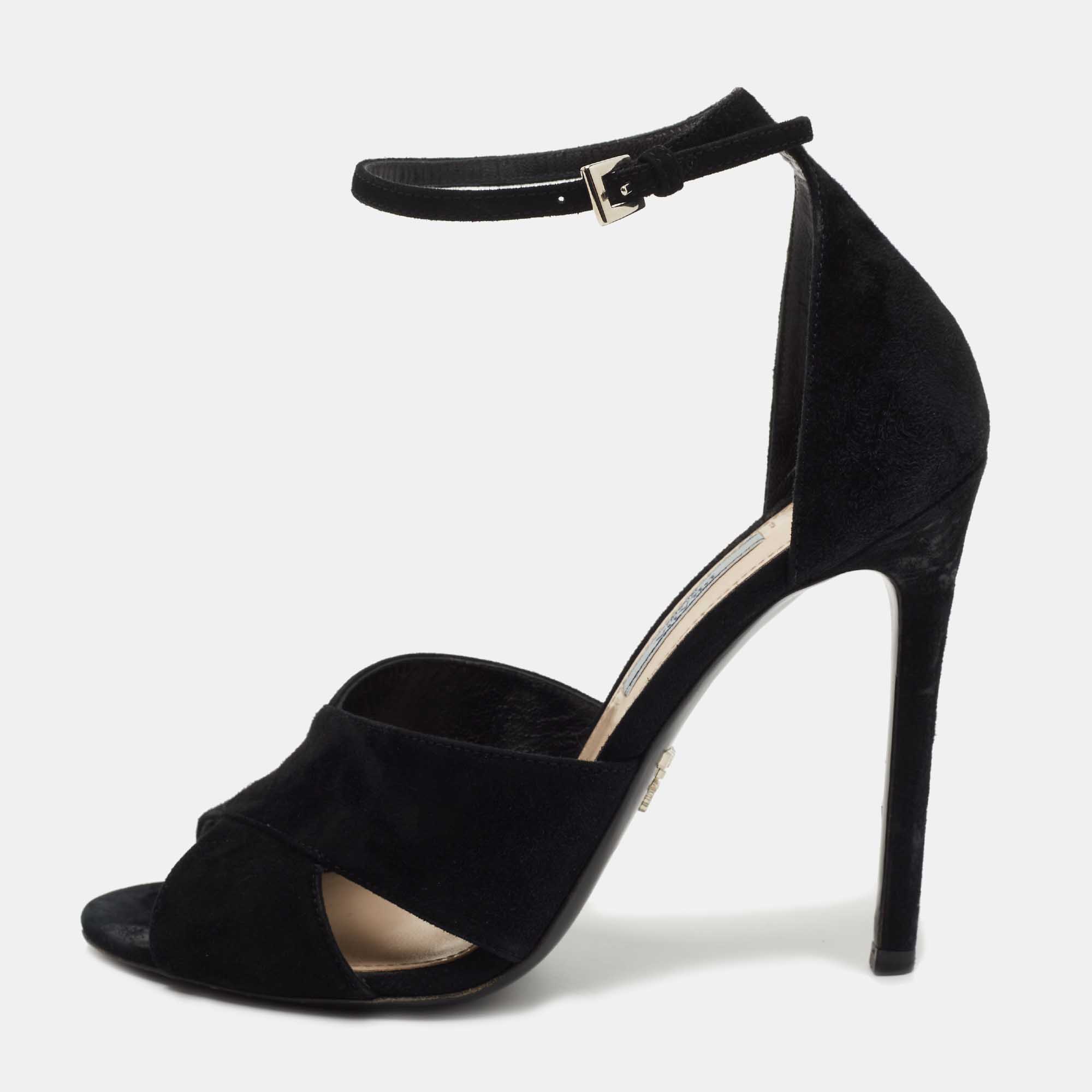 Prada Black Suede  Crisscross Ankle Strap Sandals Size 37.5