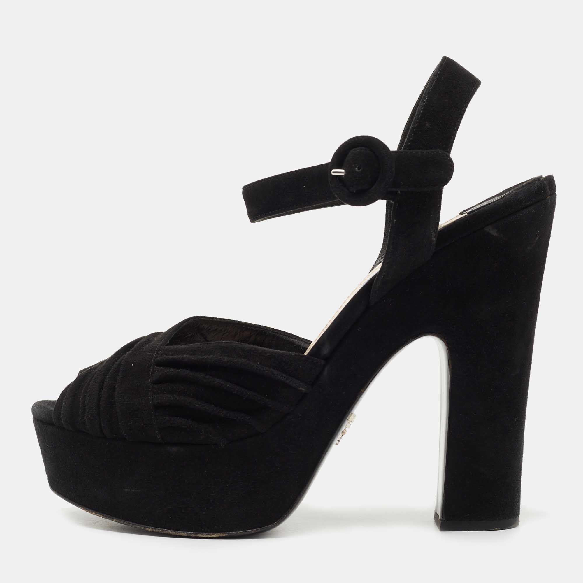 Prada Black Suede Peep Toe Platform Ankle Strap Sandals Size 40