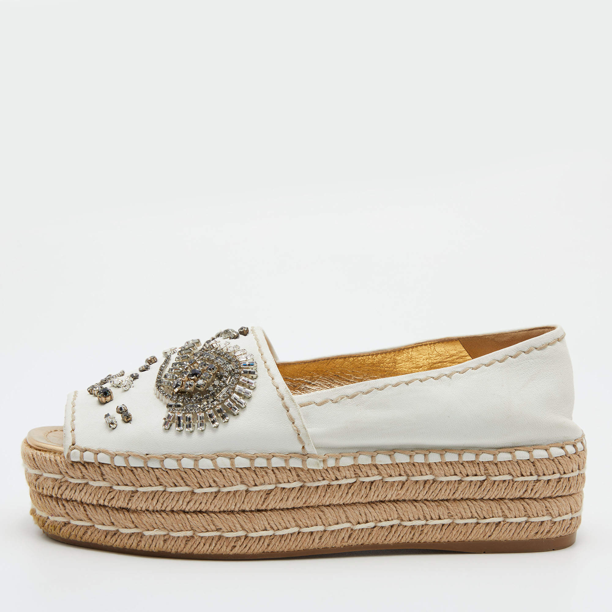 Prada White Leather Crystal Embellished Open Toe Platform Espadrille Flats Size 38