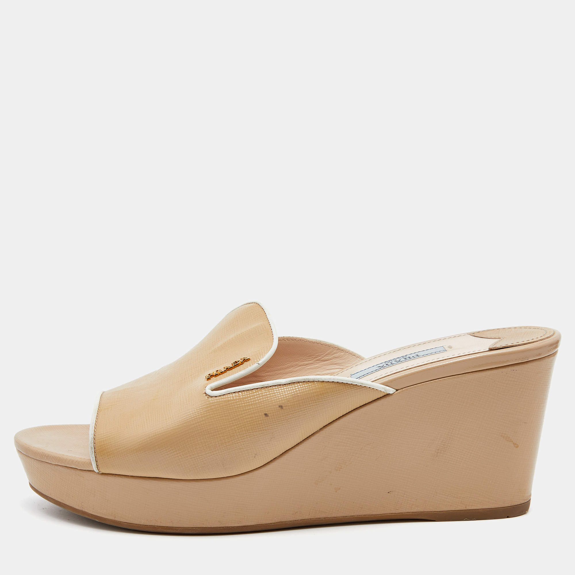 Prada Beige Patent Leather Platform Wedge Slide Sandals Size 40