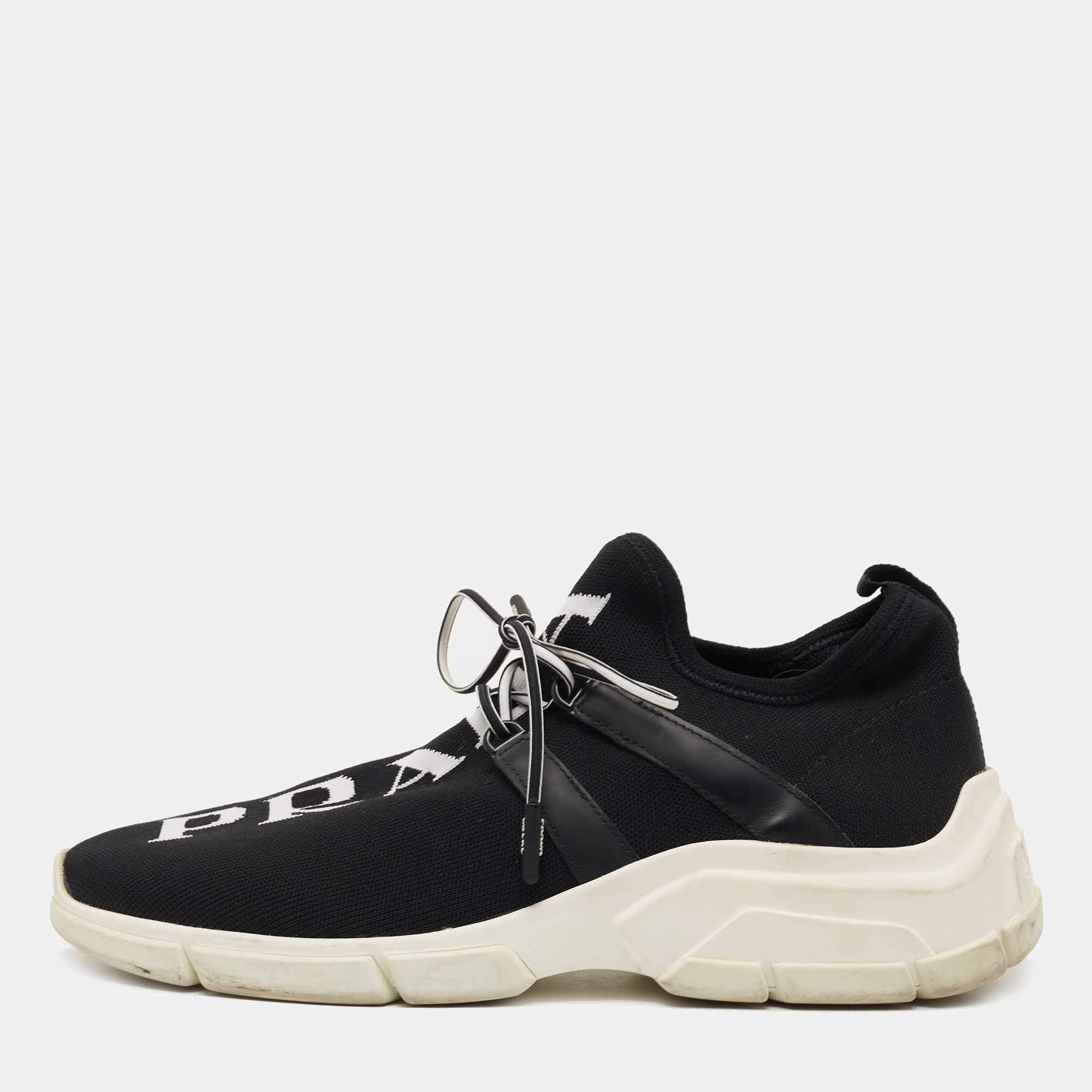 Pre Owned Prada Black Logo Print Knit Fabric and Leather Low Top Sneakers Size 39