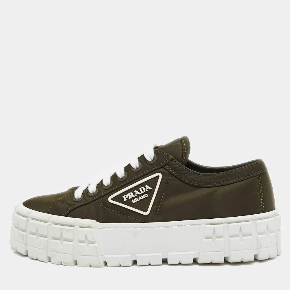 Pre Owned Prada Green Nylon Double Wheel Lace Up Sneakers  Size 39.5
