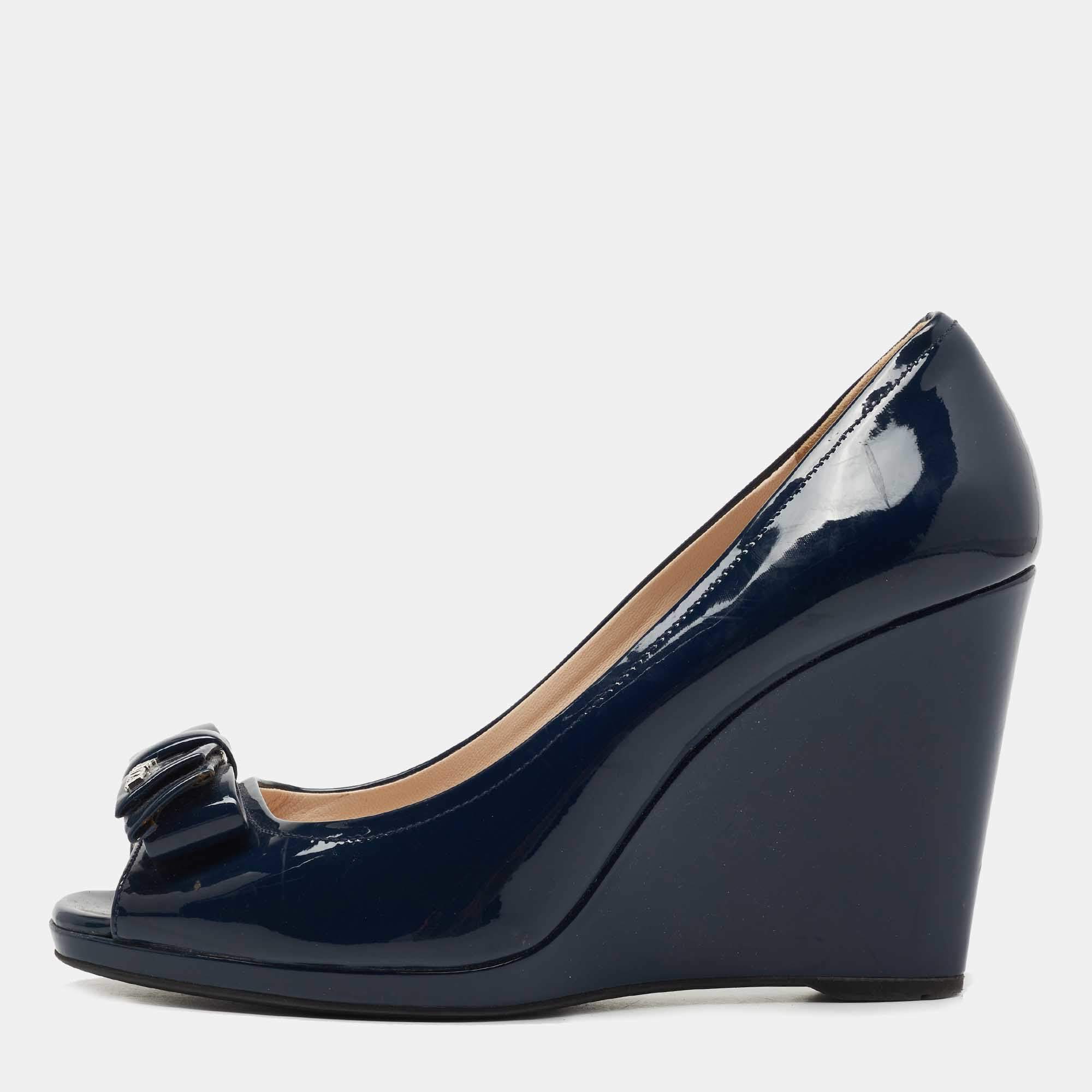 Prada Navy Blue Patent Leather Bow Peep Toe Wedge Pumps Size 38.5