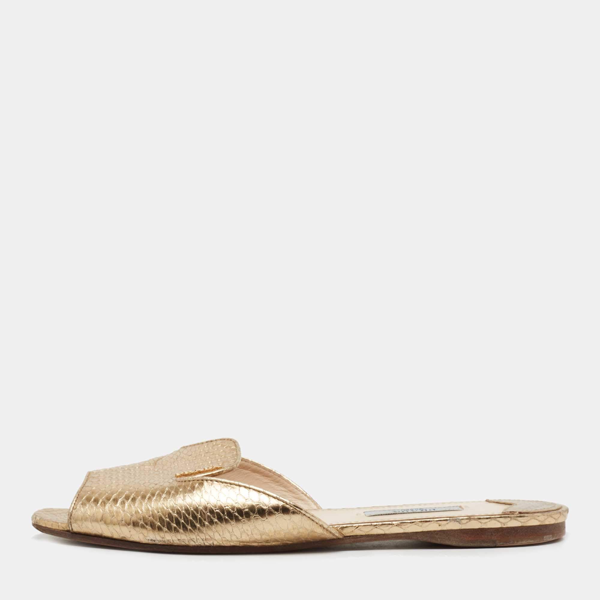 Prada Gold Snakeskin Embossed Leather Flat Slides Size 38