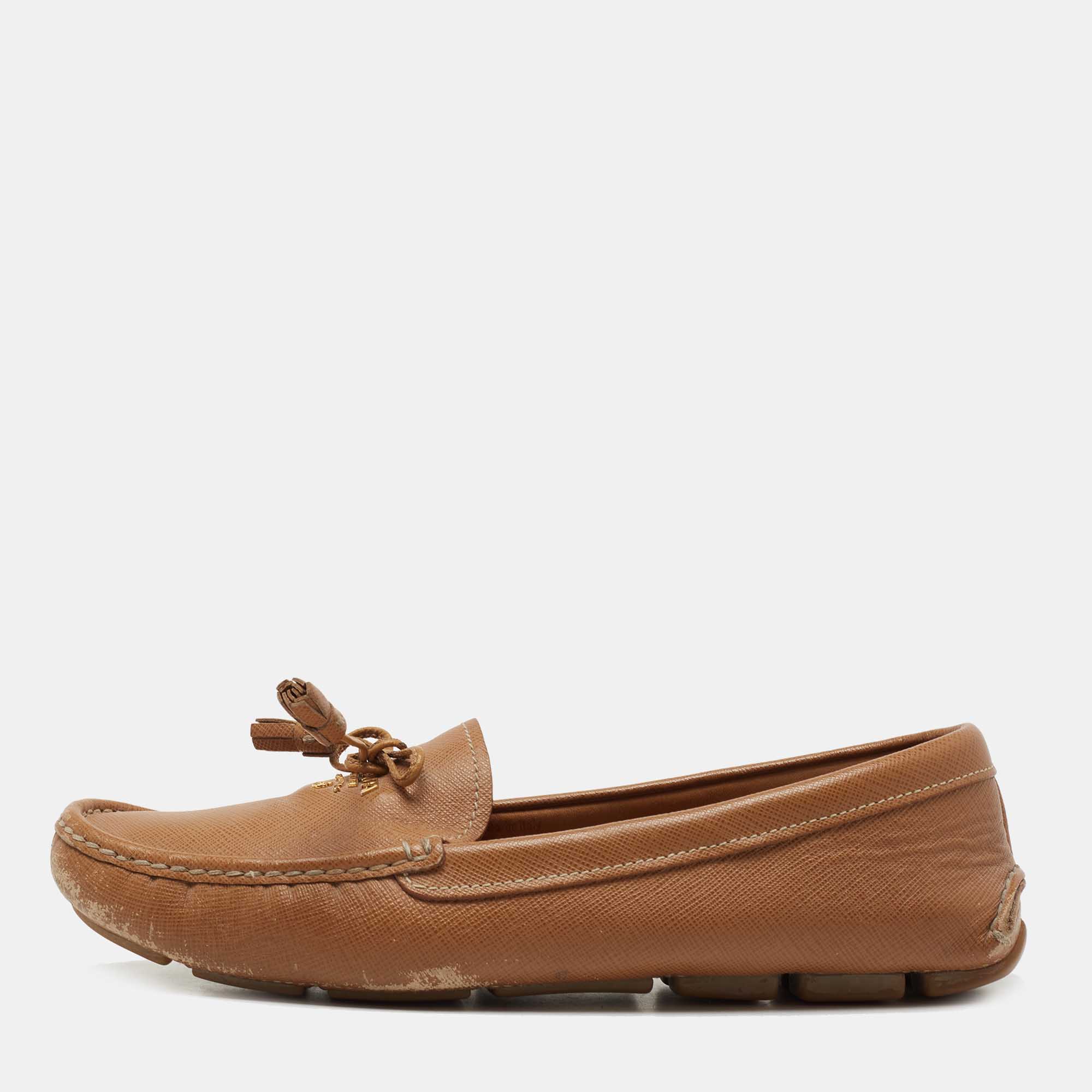 Pre Owned Prada Brown Saffiano Leather Bow Detail Loafers Size 39