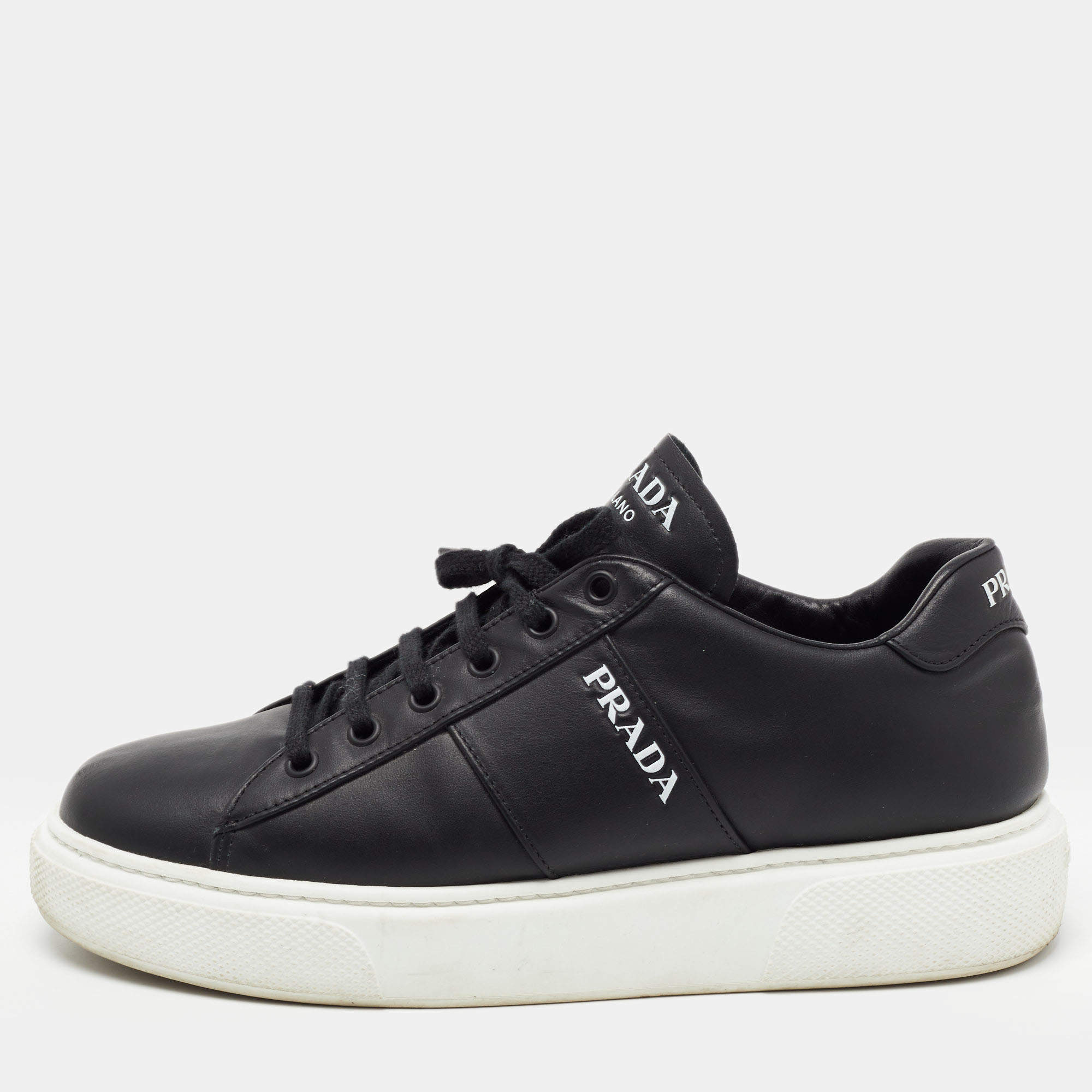 Pre Owned Prada Black Leather Lace Up Sneakers Size 39