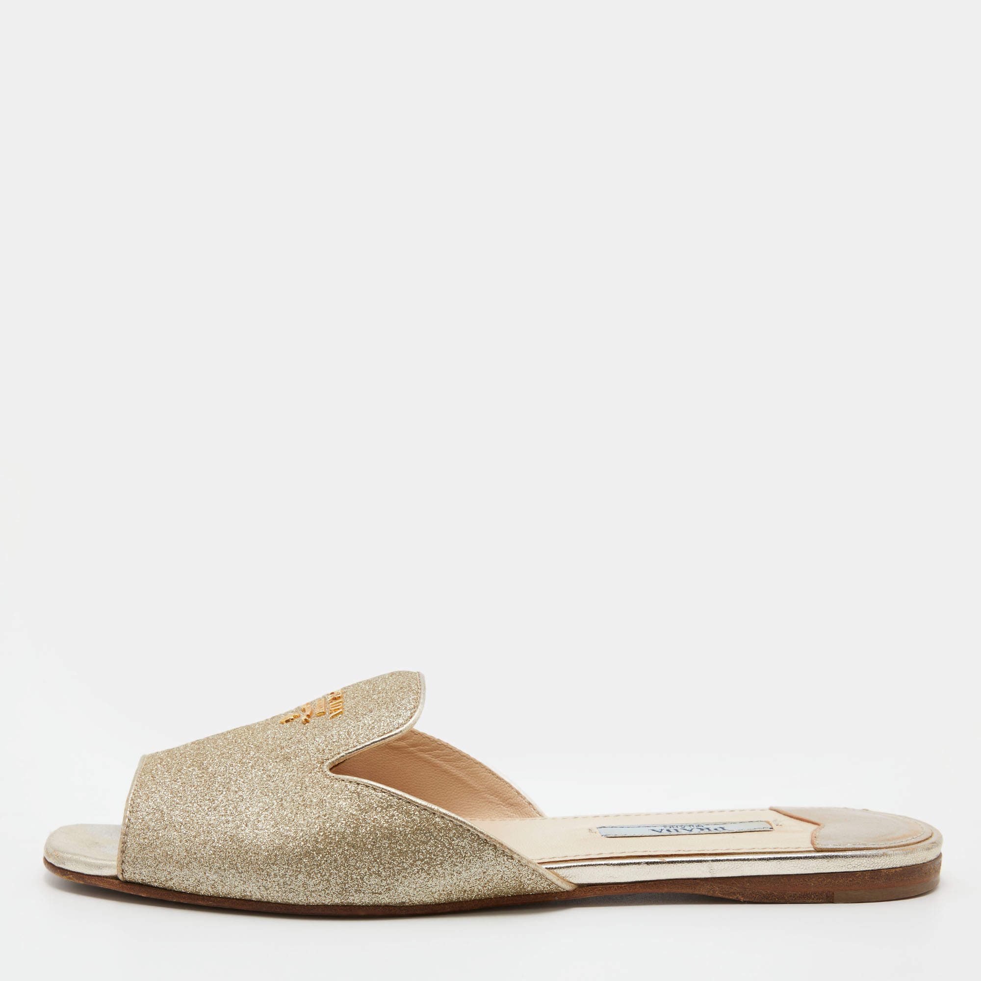 Prada Metallic Gold Glitter Leather Flat Slides Size 36