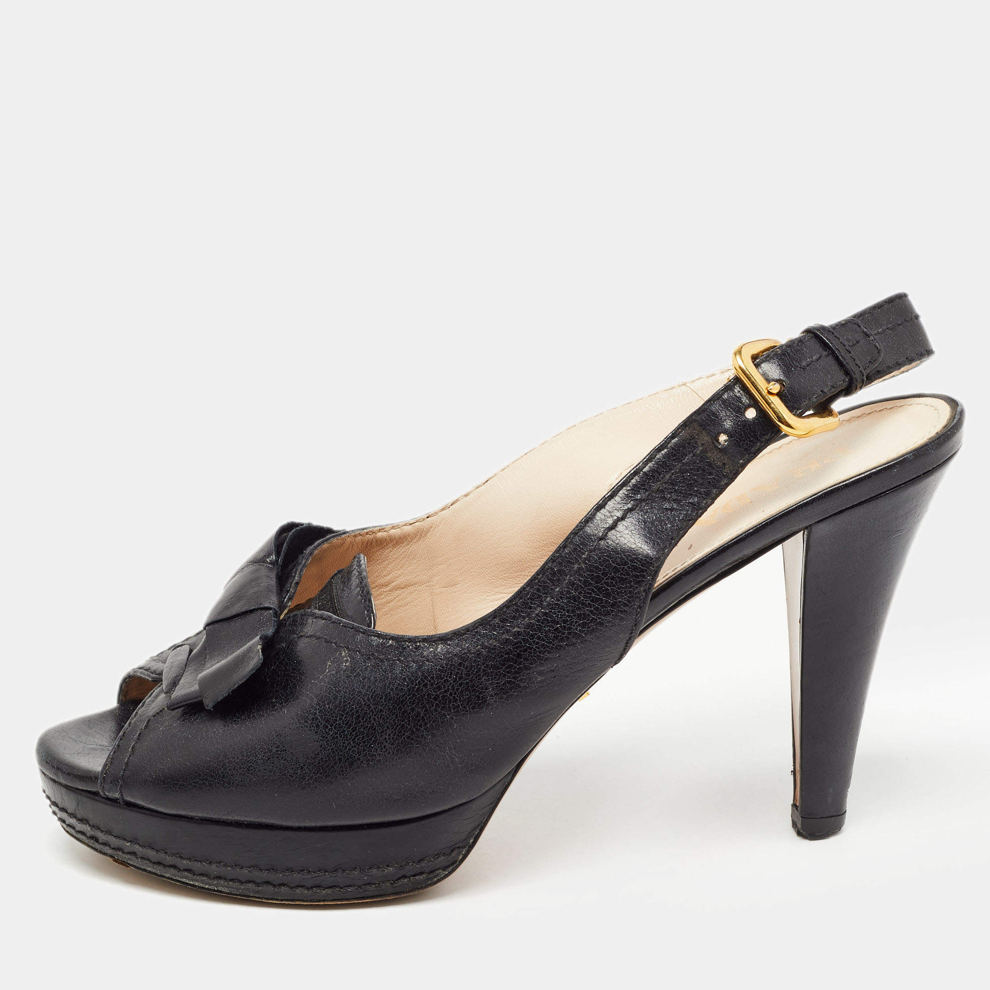 Pre Owned Prada Black Leather Peep Toe Platform Slingback Pumps Size 39.5