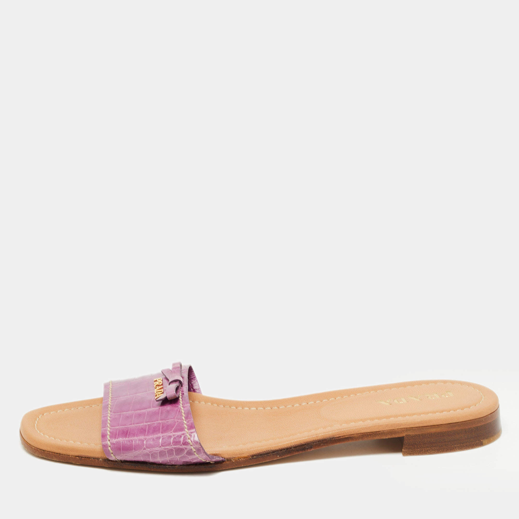 Prada Purple Crocodile Leather Flat Slides Size 41    