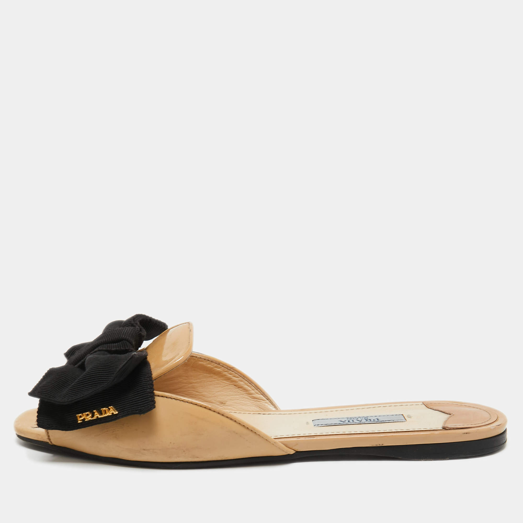 Prada Beige Patent Leather and Fabric Bow Flat Slides Size 37.5