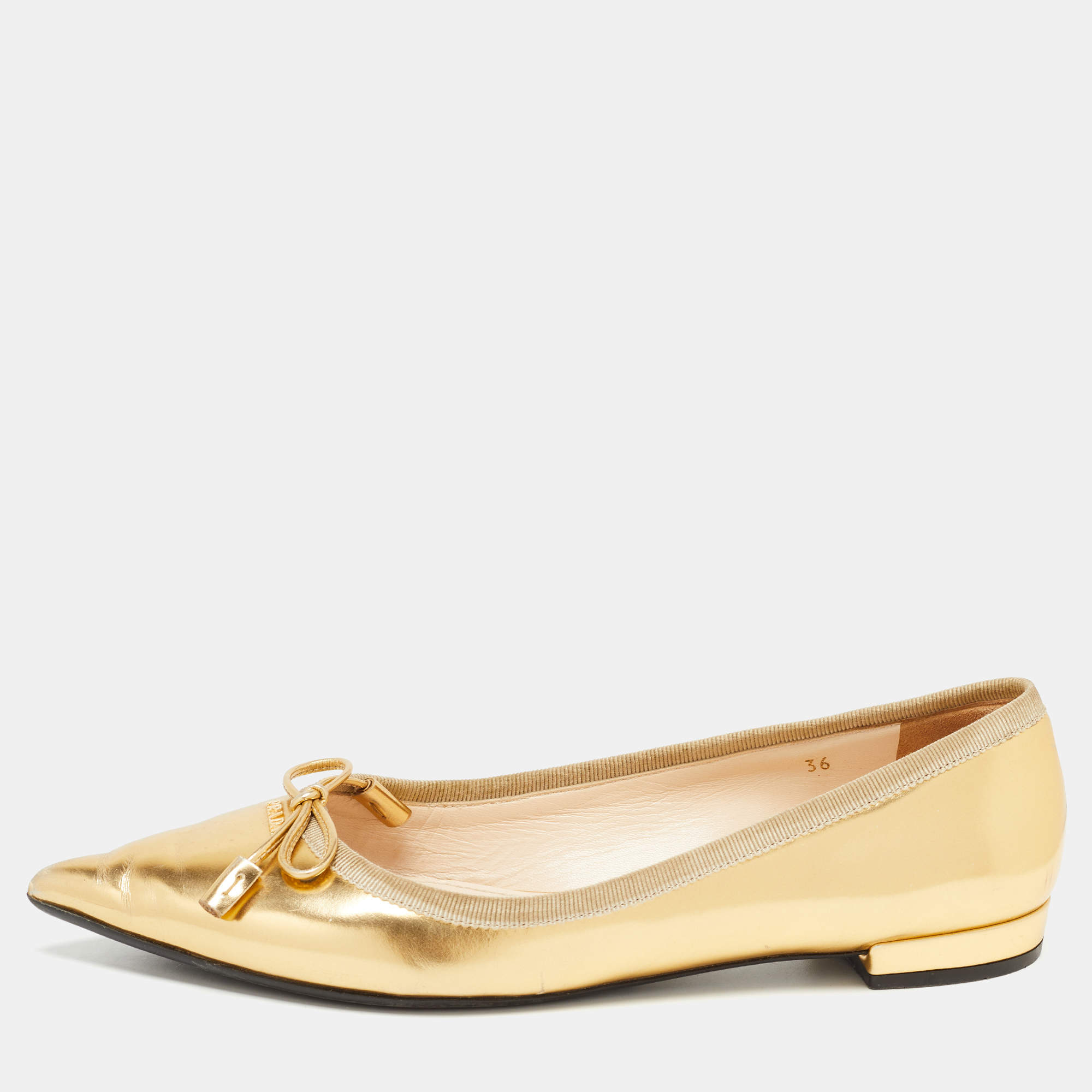 Prada Gold Leather Bow Pointed Toe Ballet Flats Size 36