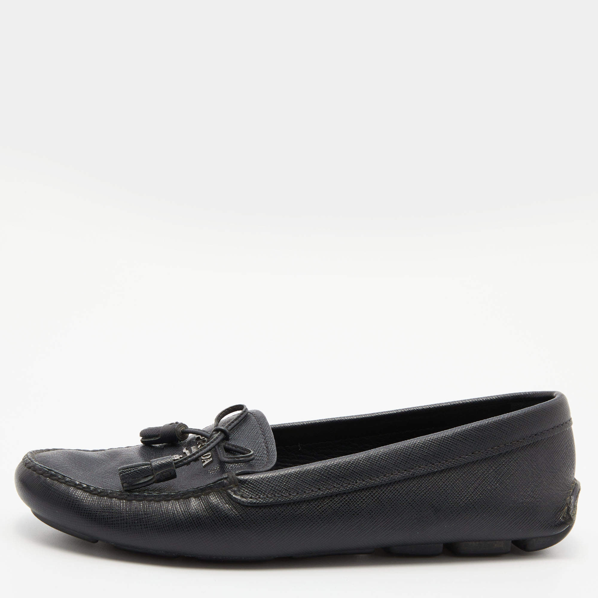 Pre Owned Prada Black Leather Bow Detail Loafers Size 38
