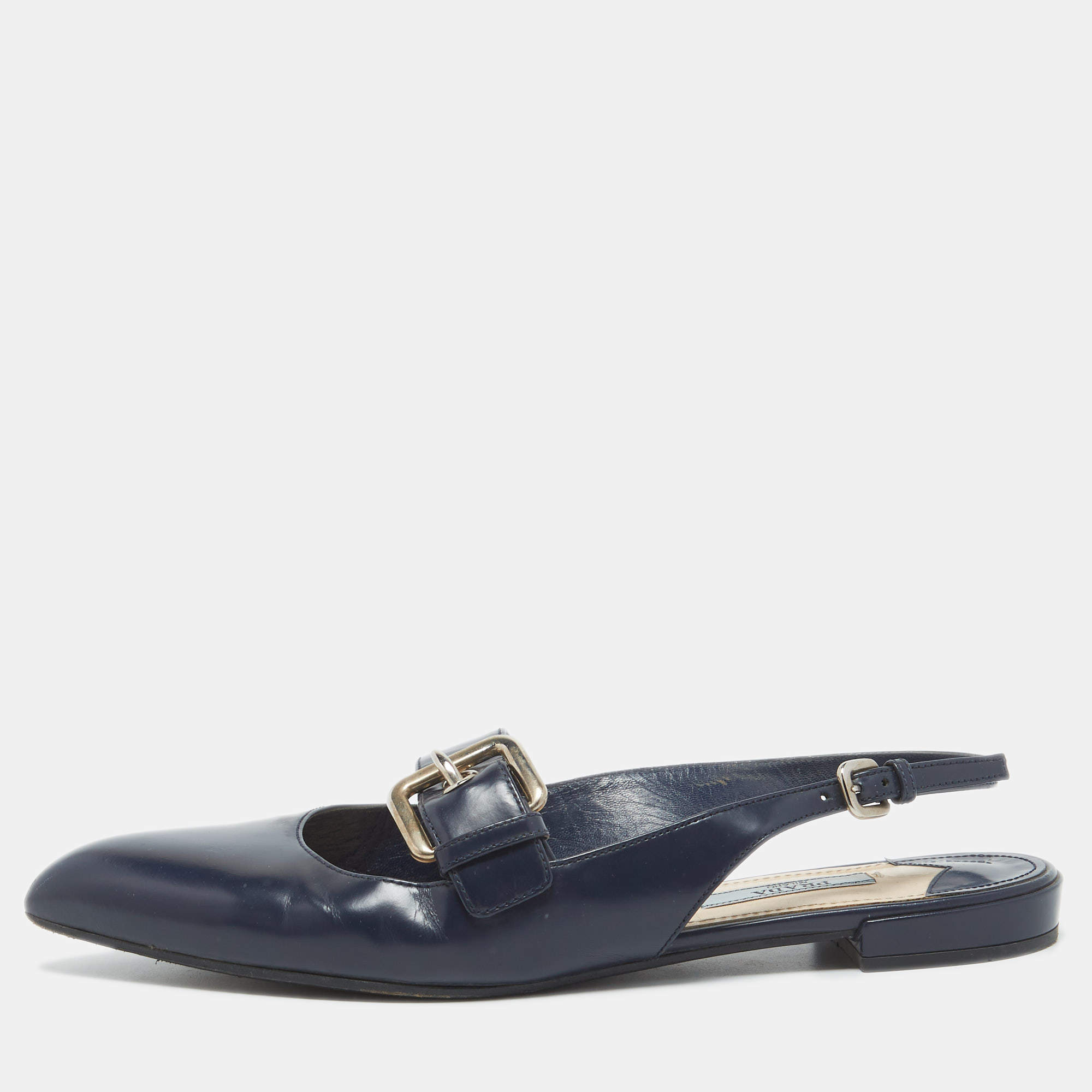 Pre Owned Prada Navy Blue Leather Buckle Slingback Flats Size 37
