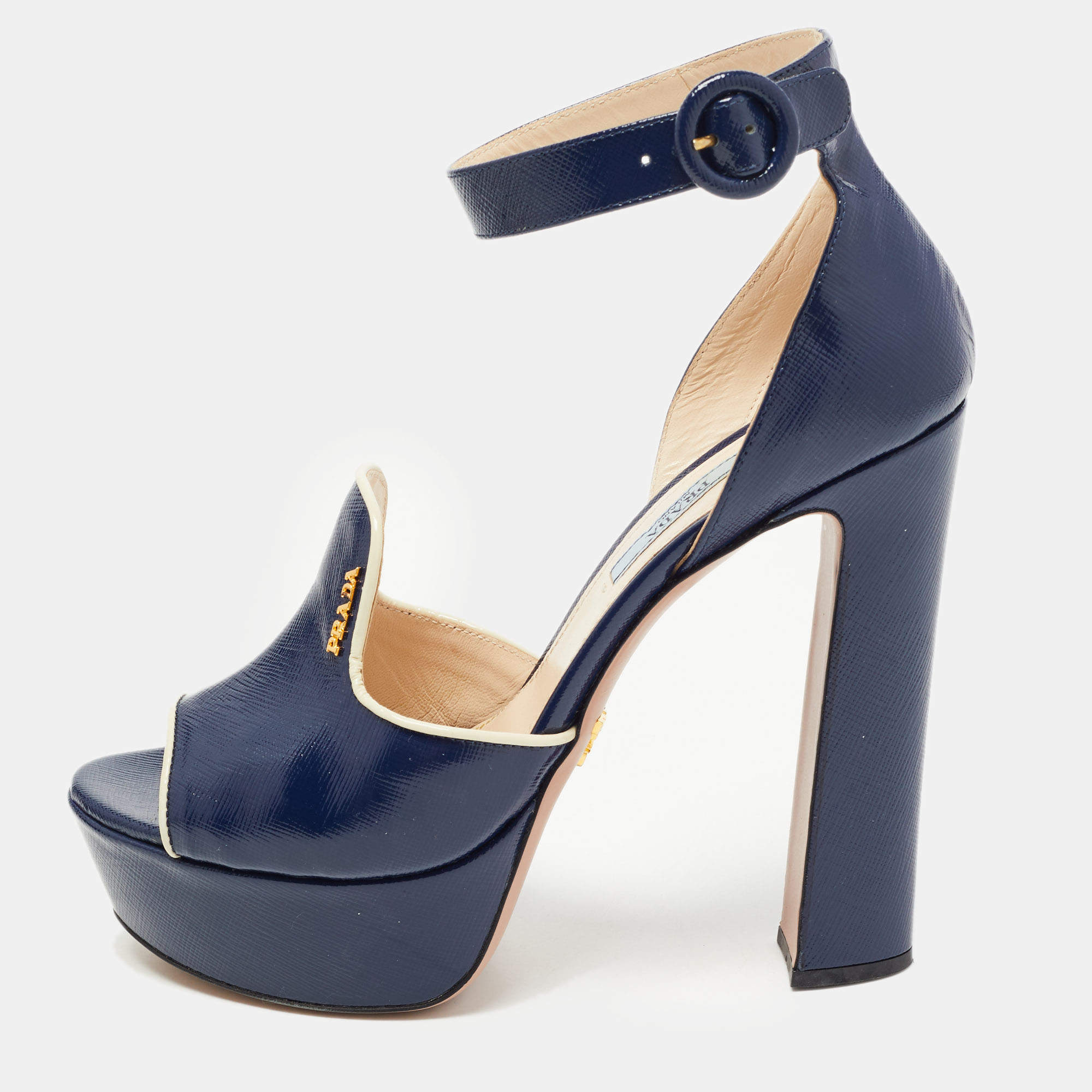 Prada Navy Blue Patent Platform Ankle Strap Sandals Size 39