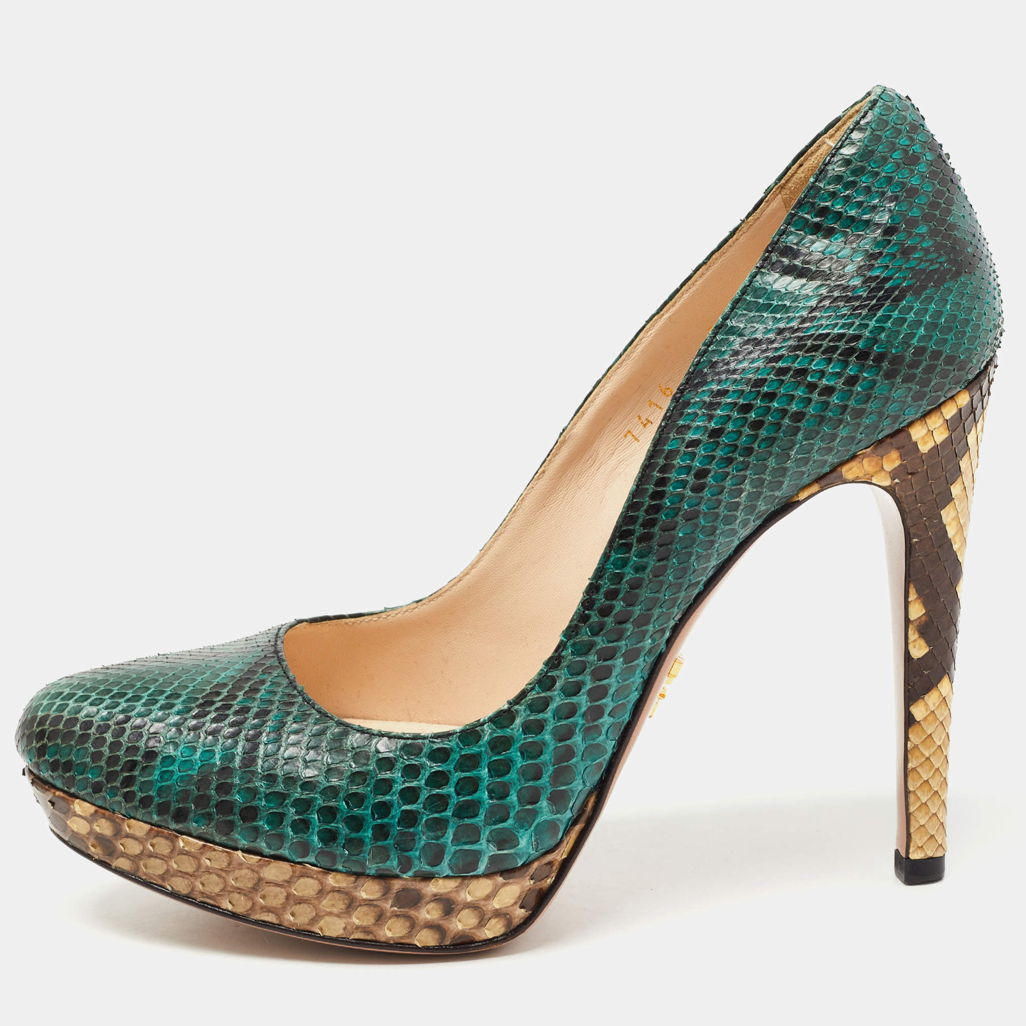 Prada Dark Green Python Platform Pumps Size 36.5