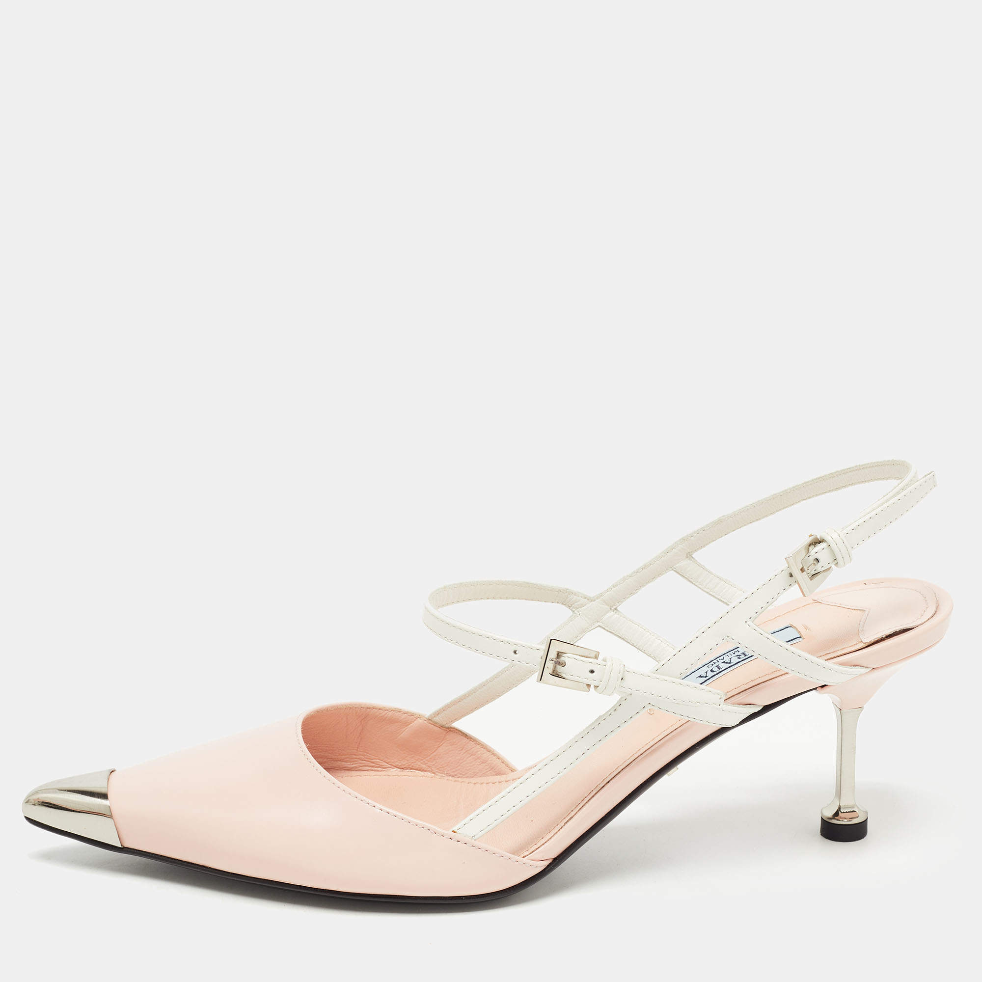 مملوكة مسبقًا Prada Pink/White Leather Pointed Toe Slingback Pumps Size 38.5