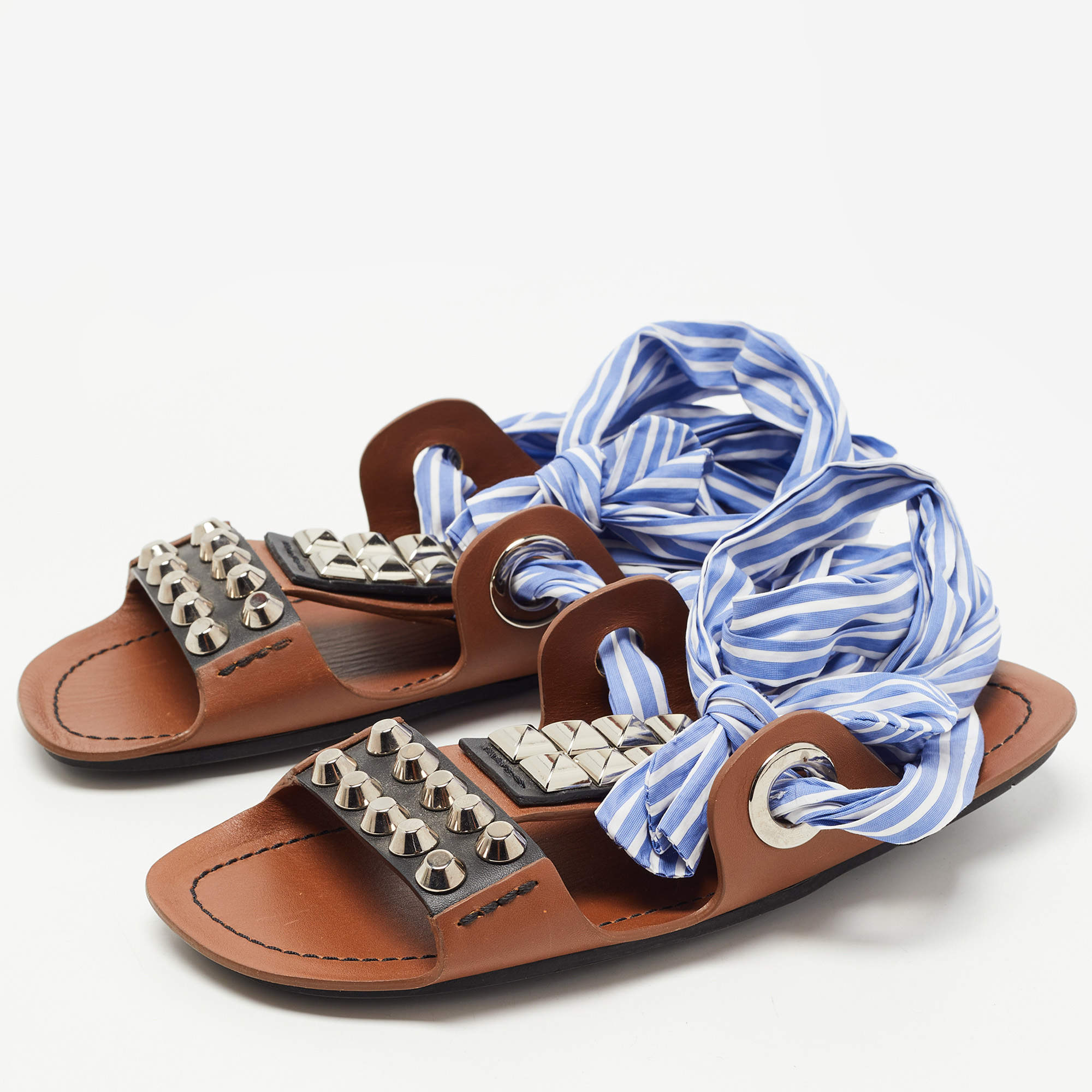 Prada Brown/Blue Leather Studded Ribbon Flat Sandals Size 36 Prada