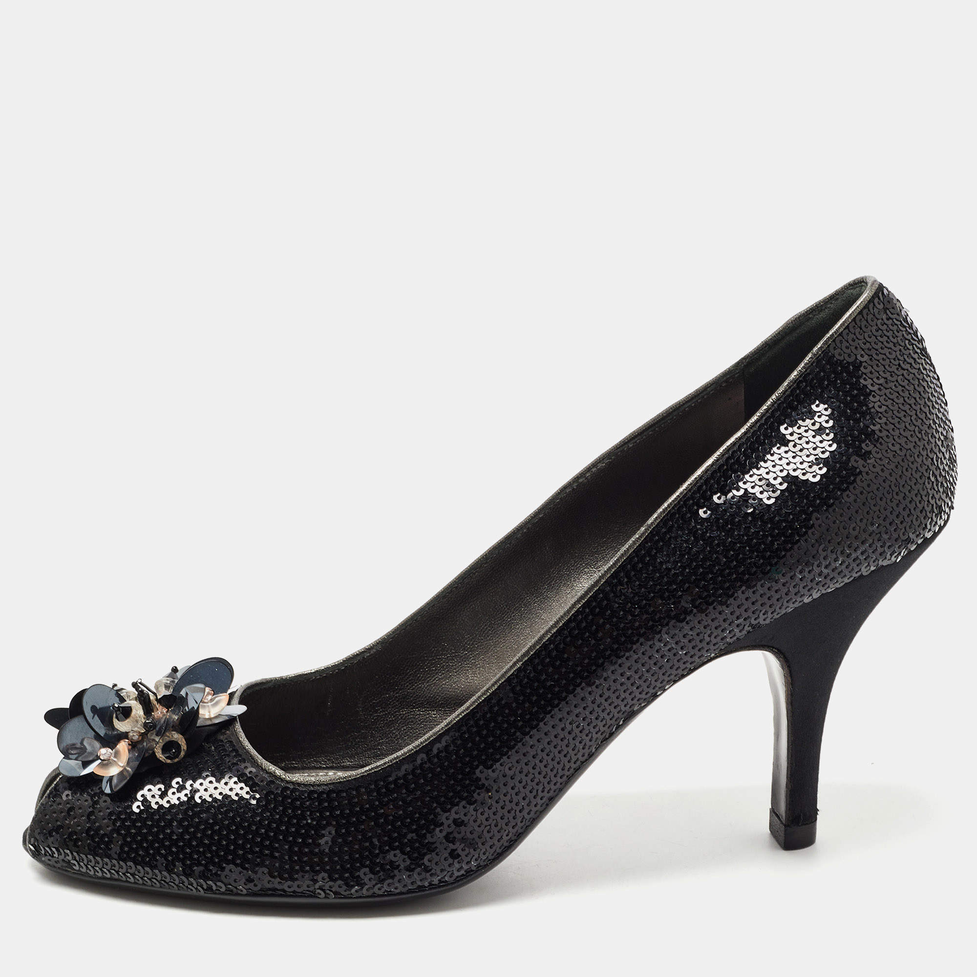 Pre Owned Prada Black Leather and Sequin Flower Embellished Peep Toe Pumps Size 40