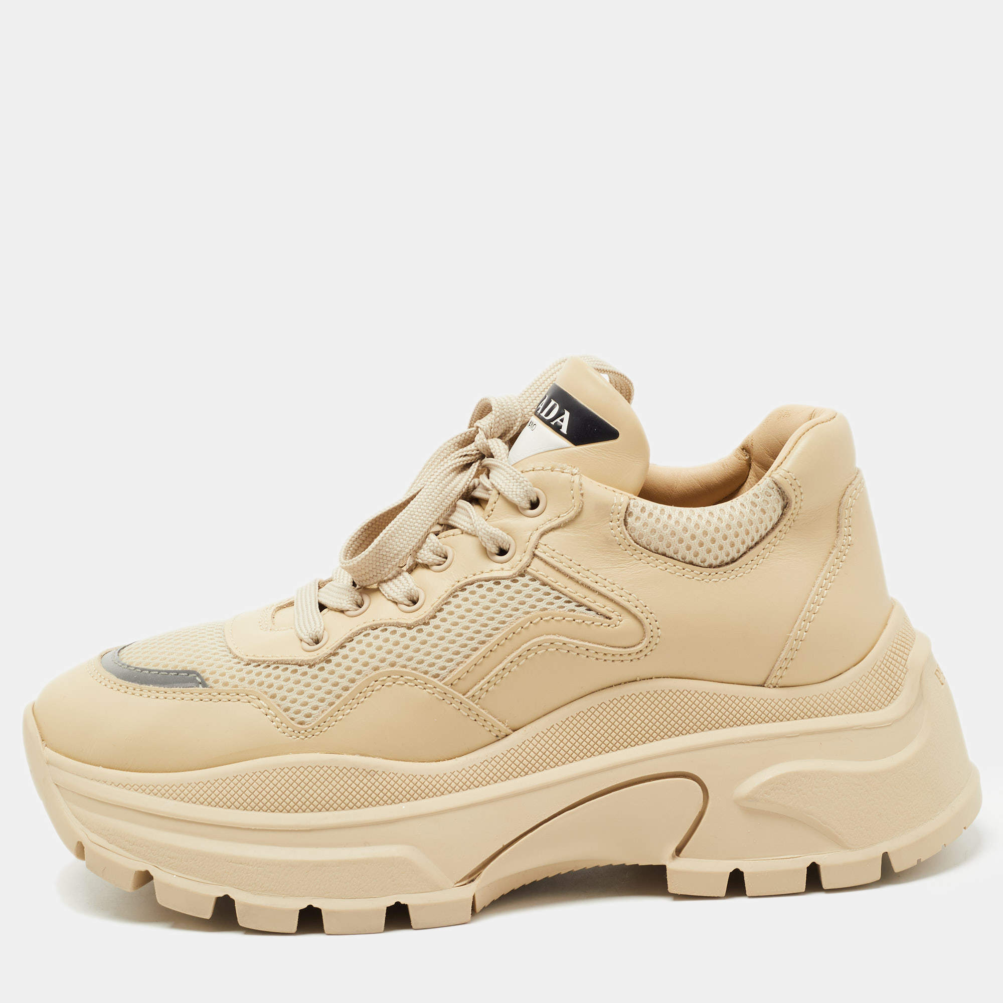 مملوكة مسبقًا Prada Beige Leather and Mesh Lace Up Sneakers Size 39