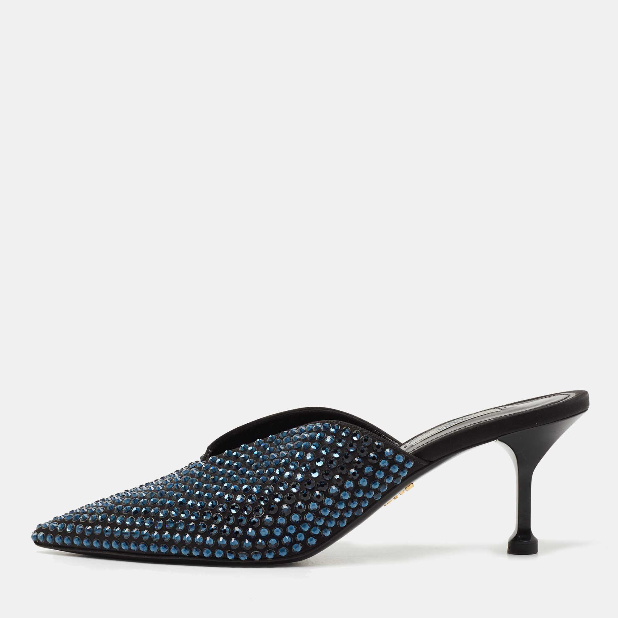 Prada Black Suede Rockstud Pointed Toe Mules Size 39