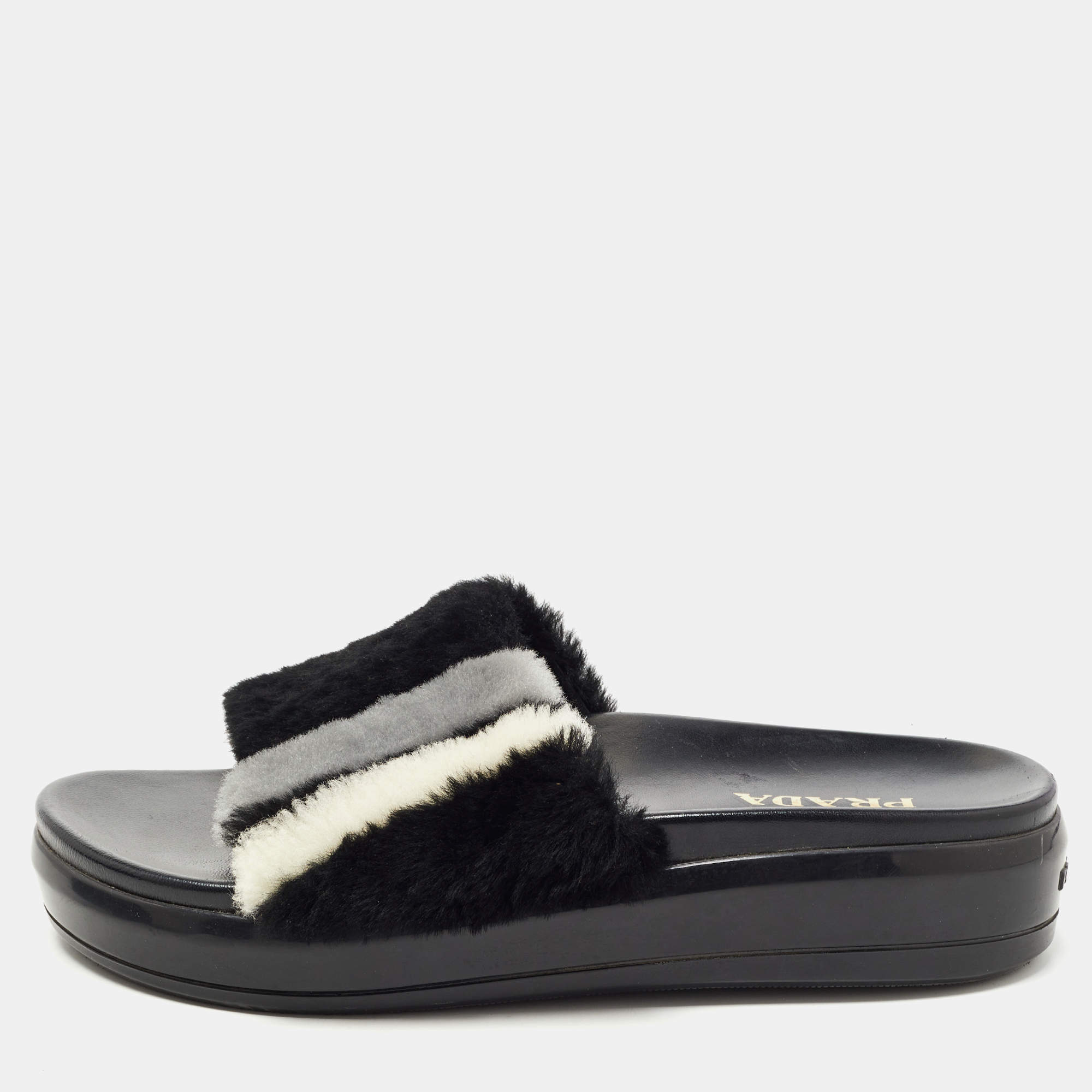 Prada Black/White Leather and Fur Flat Slides Size 38.5  