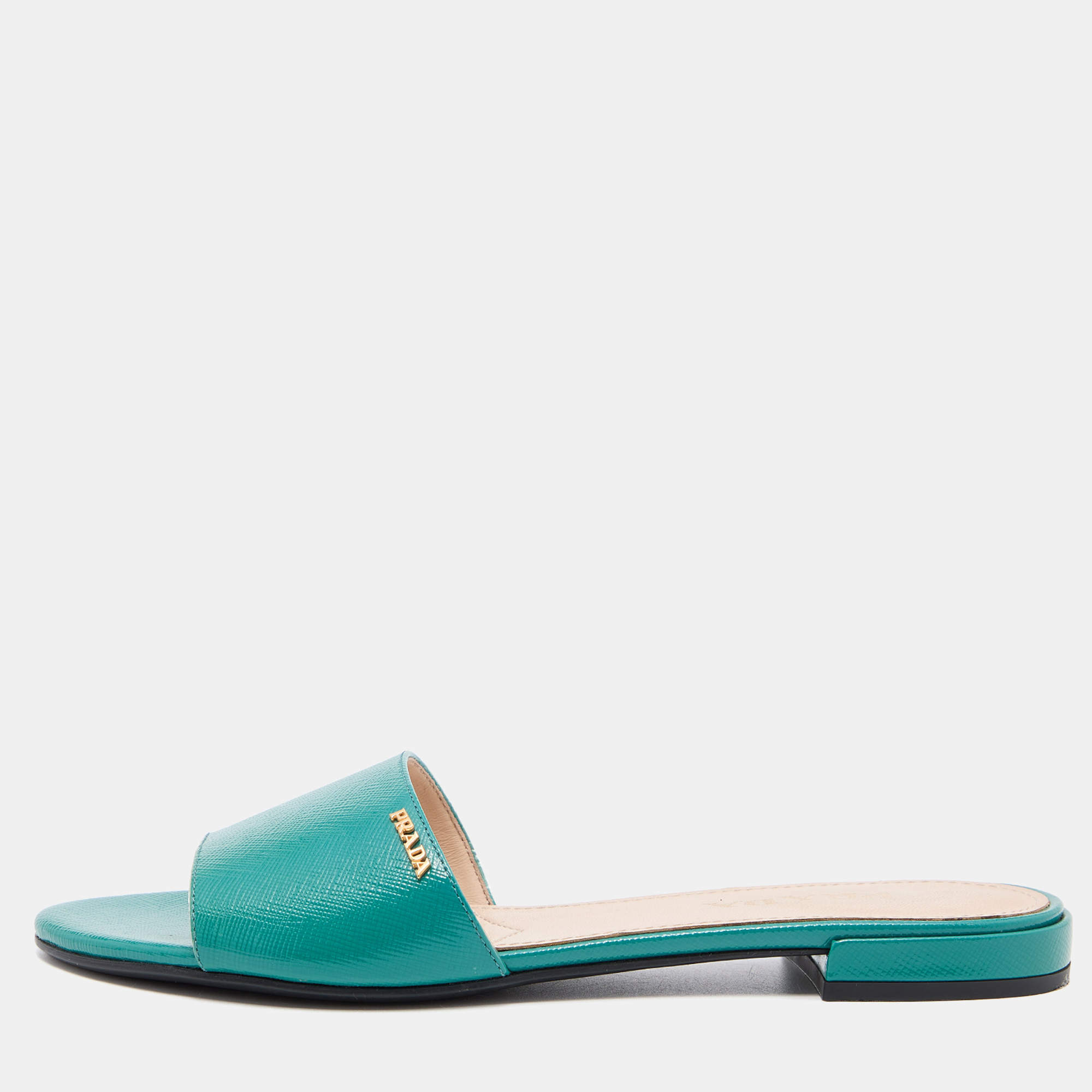 Prada Green Vernice Saffiano Leather Flat Slides Size 37.5